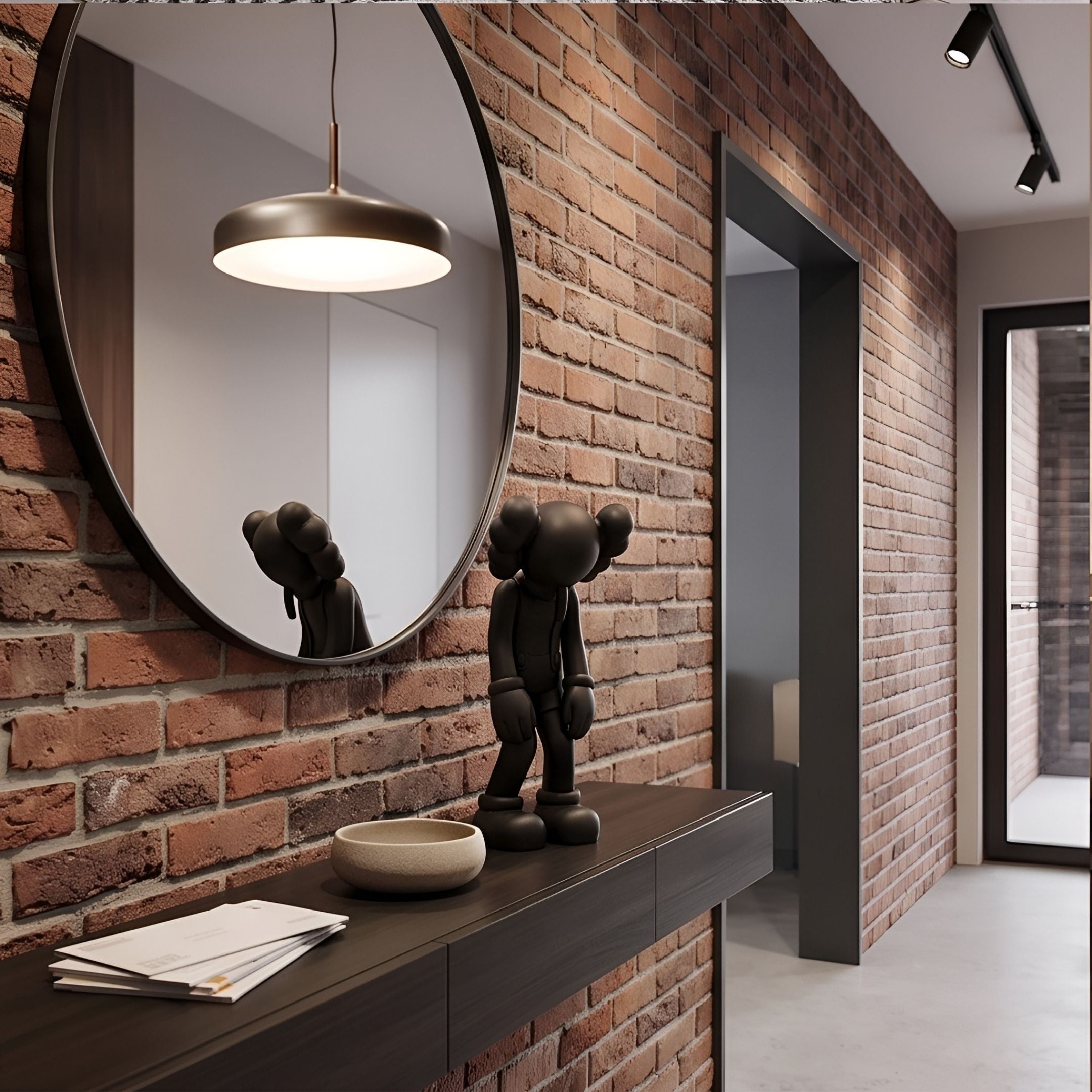 Midnight Black Iconify Burden Figure, 28cm matte black designer figure with bowed head, on a dark console table beneath a round mirror against exposed brick.
