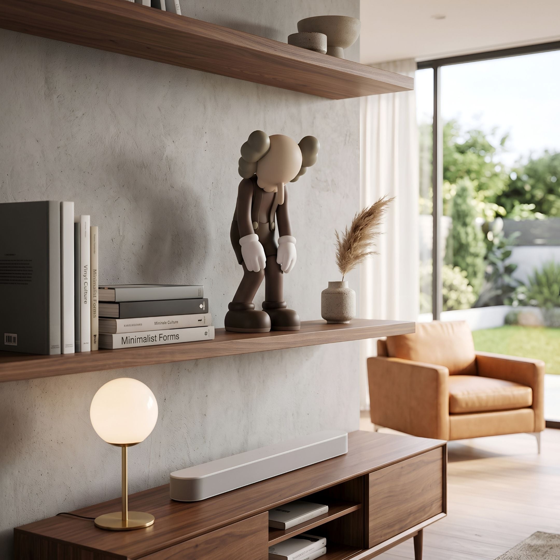 Hazelnut Brown Iconify Burden Figure, 28cm, displayed on a wooden wall shelf beside books and a vase in a living room with a tan armchair.