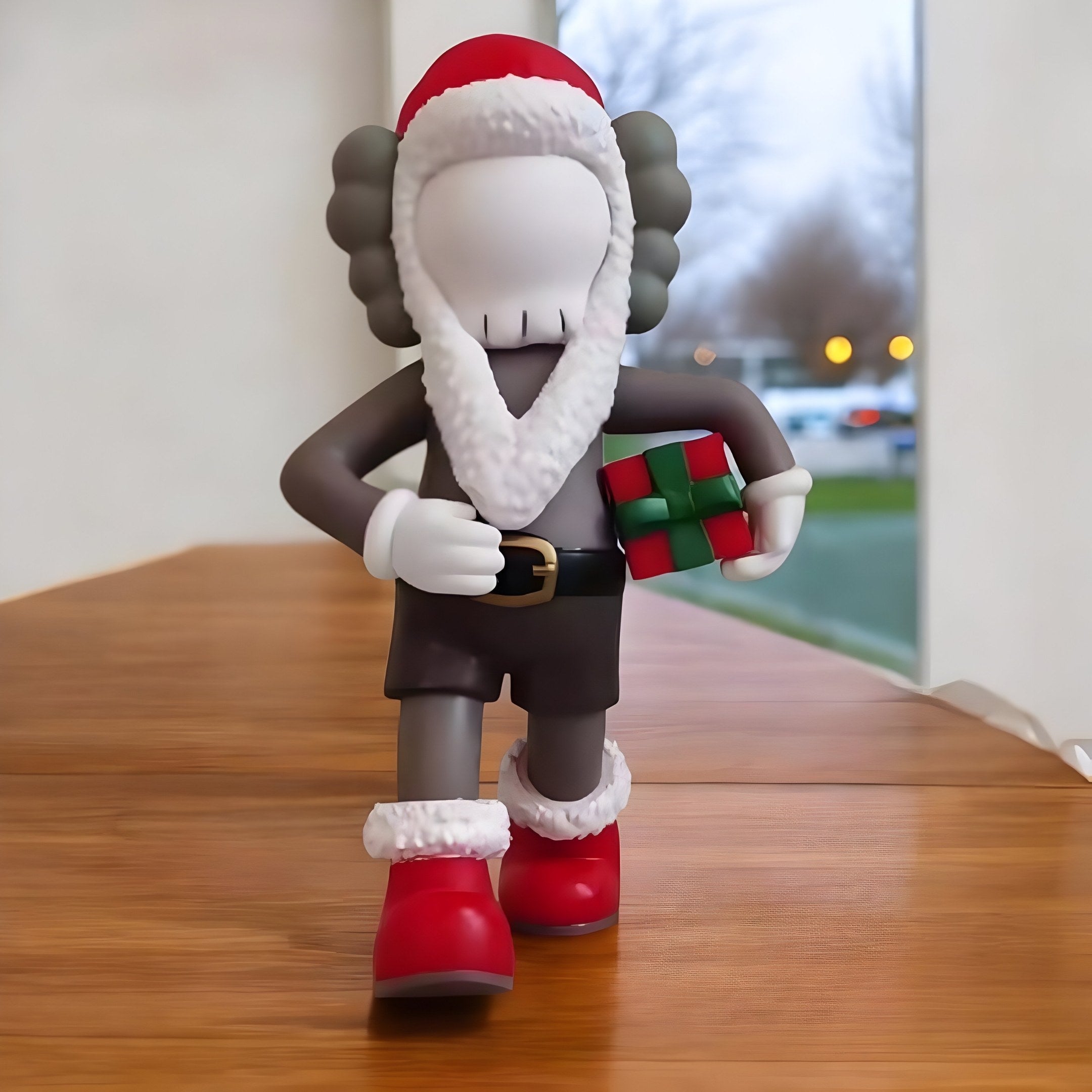 The Iconify Christmas Figure by Giant Sculptures is a contemporary 28cm holiday décor piece featuring a Santa outfit, red boots and hat, holding a small green-and-red gift. It has a featureless face and is displayed on wood with an outdoor scene visible through the window.