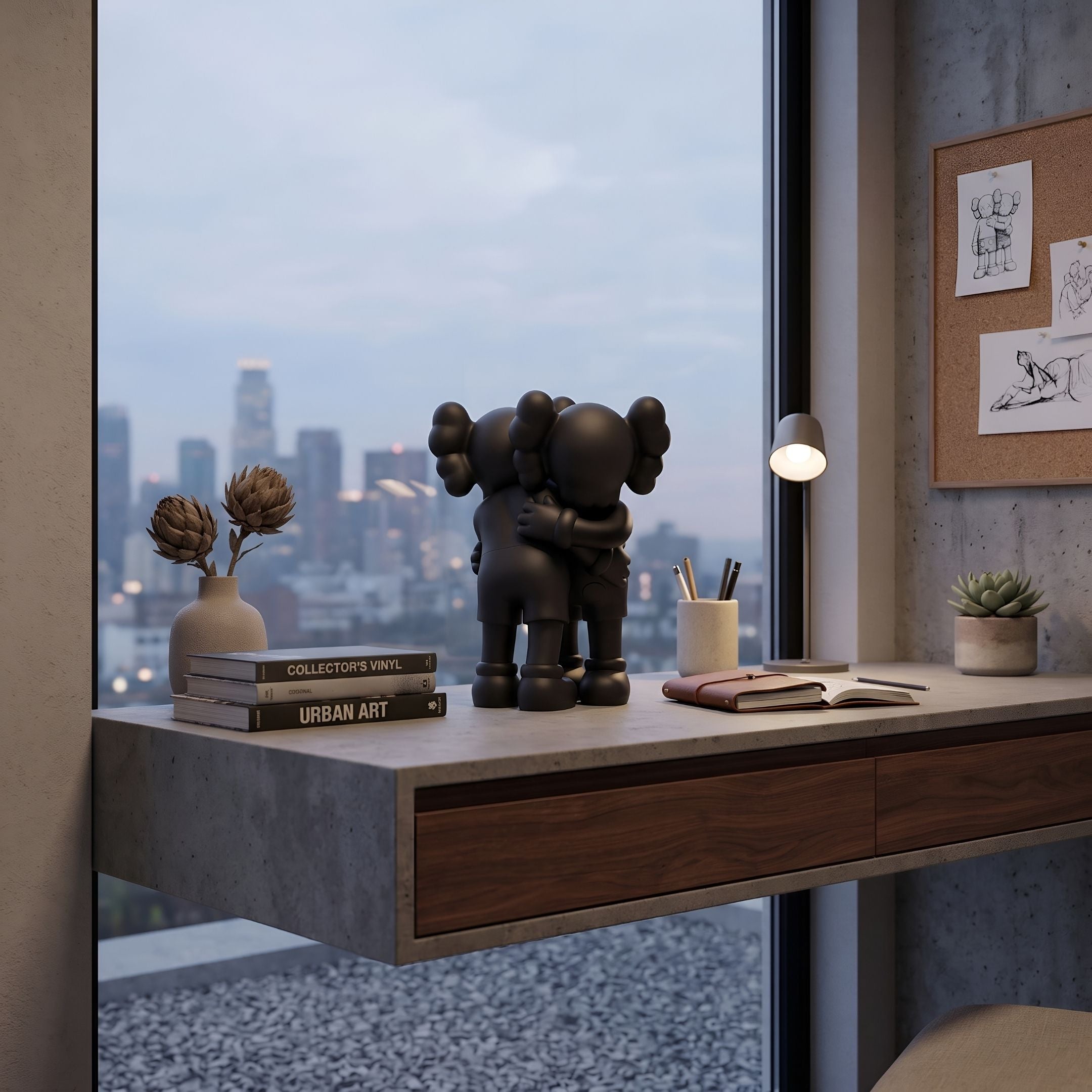 Obsidian Black Iconify Embrace Figure, 28cm, on a floating desk with books and a vase, city skyline visible through the window.