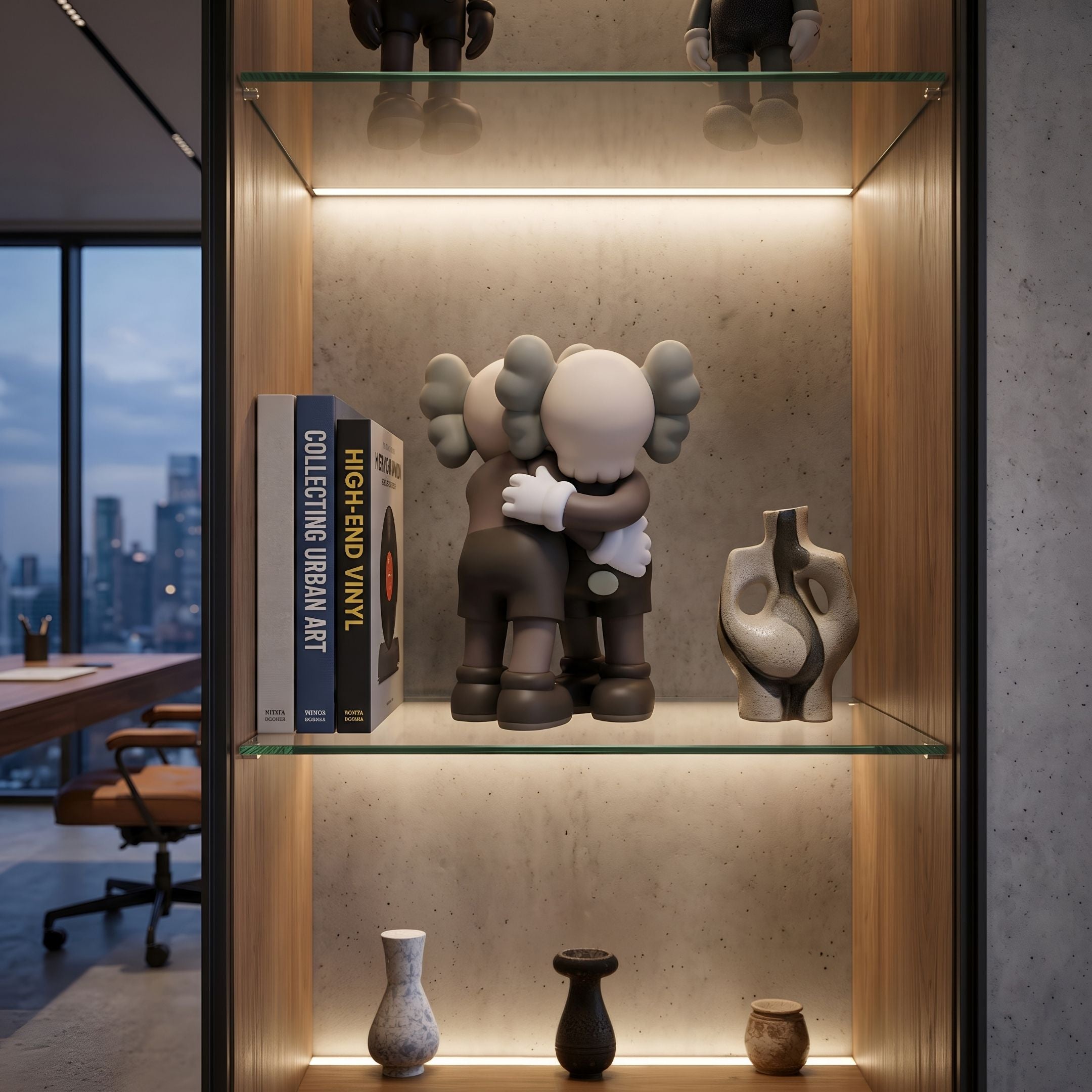 Hazelnut Brown Iconify Embrace Figure, 28cm, on a lit shelf beside vinyl books and ceramic vases, with a city view office in the background.