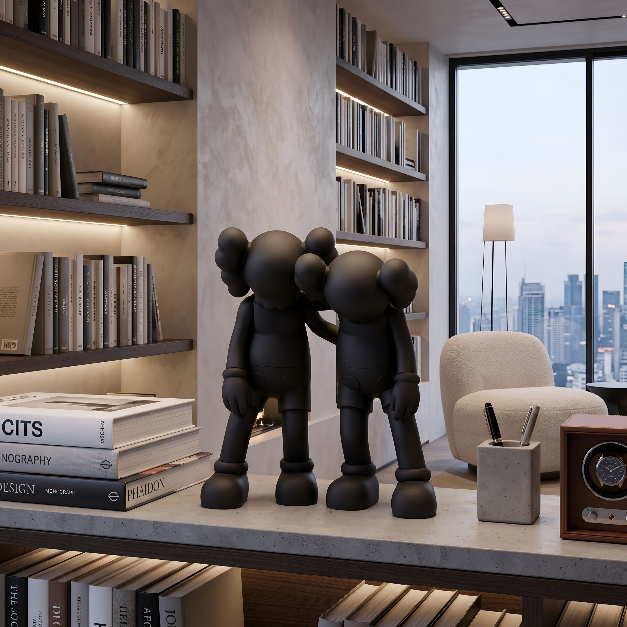 Midnight Black Iconify Friendship Figure, 28cm, two matte black stylised figures with X-mark eyes on a shelf in a modern study with city-view window.