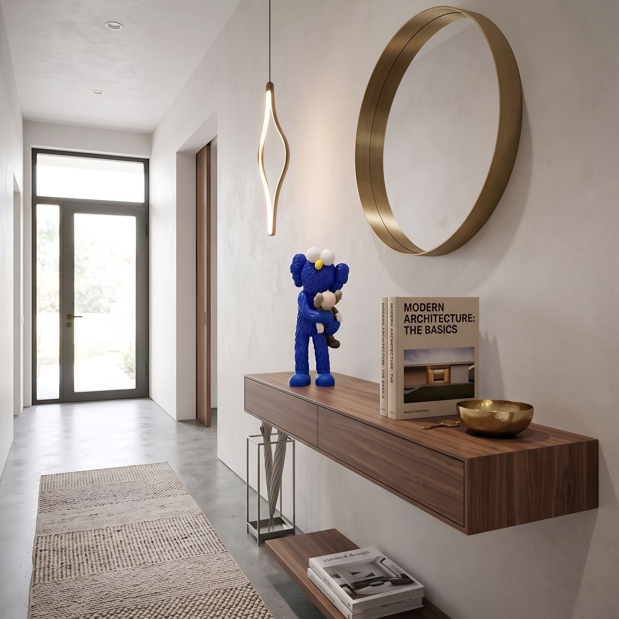 Deep Blue Iconify Loving Furry Figure, 28cm, on a floating walnut console in a hallway with a round brass mirror and pendant light.