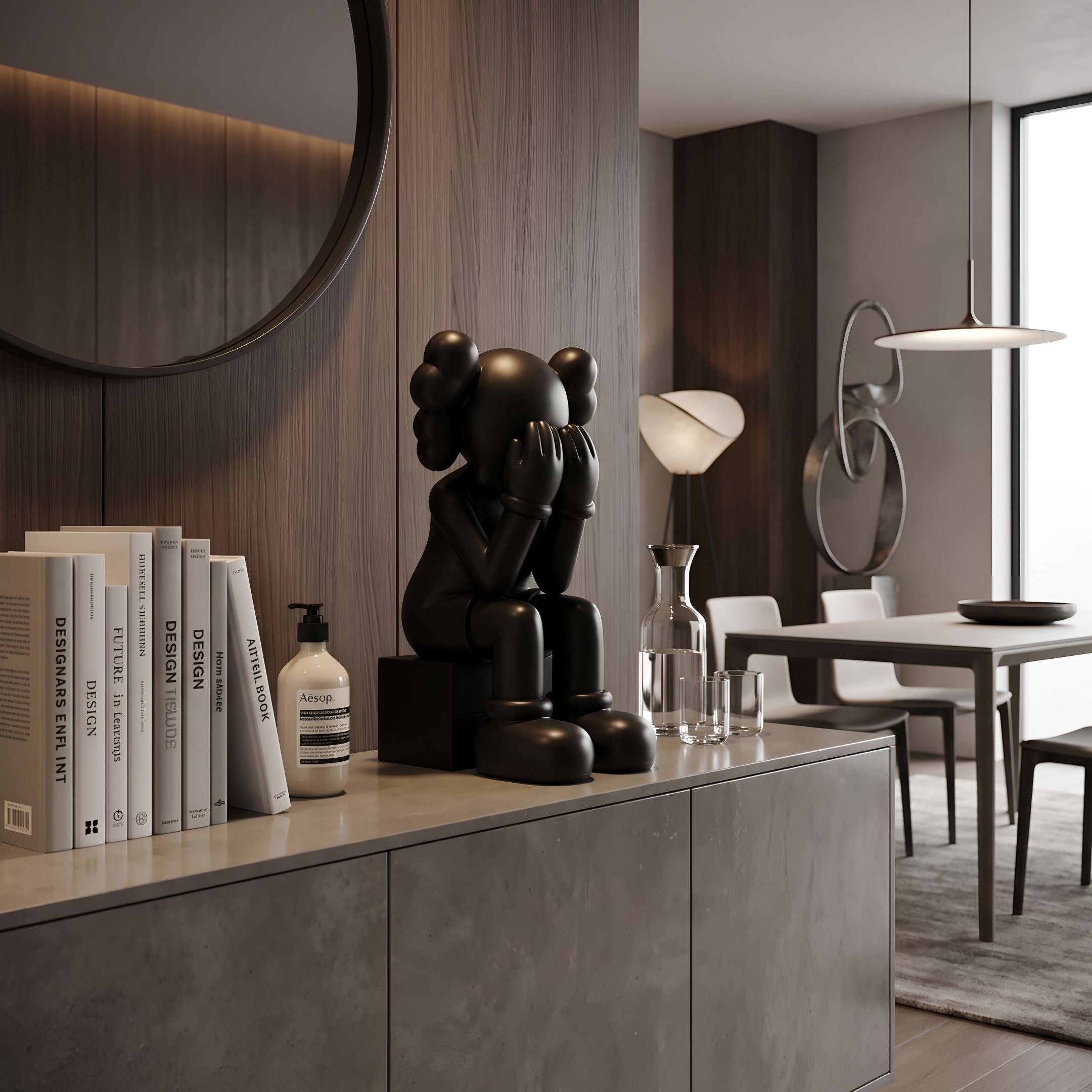 Midnight Black Iconify Melancholy Sitting Figure, 28cm, seated on a sideboard with books and decor in a dining room with wood-paneled walls.