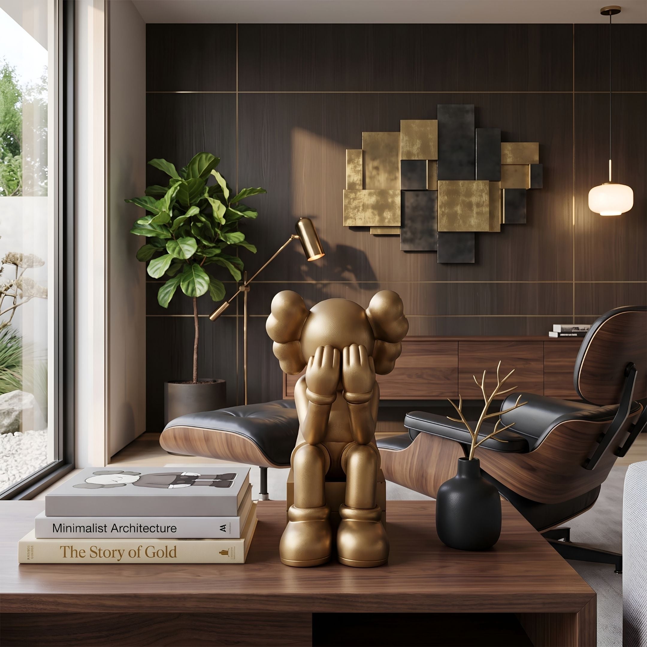 Antique Brushed Gold Iconify Melancholy Sitting Figure, 28cm, seated with hands covering its face, displayed on a wooden desk in a modern living room with books and a black vase nearby.
