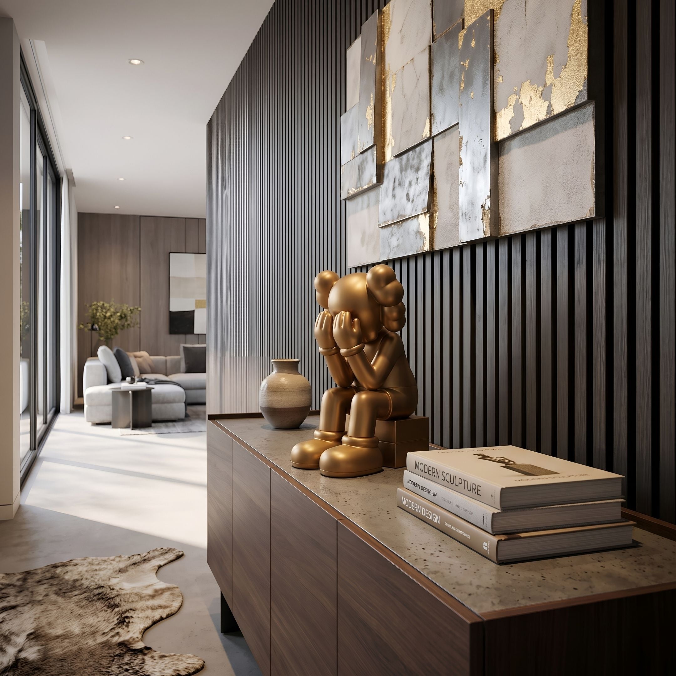 Champagne Satin Gold Iconify Melancholy Sitting Figure, 28cm, on a wood sideboard beside books and a vase in a living room with dark slatted walls.