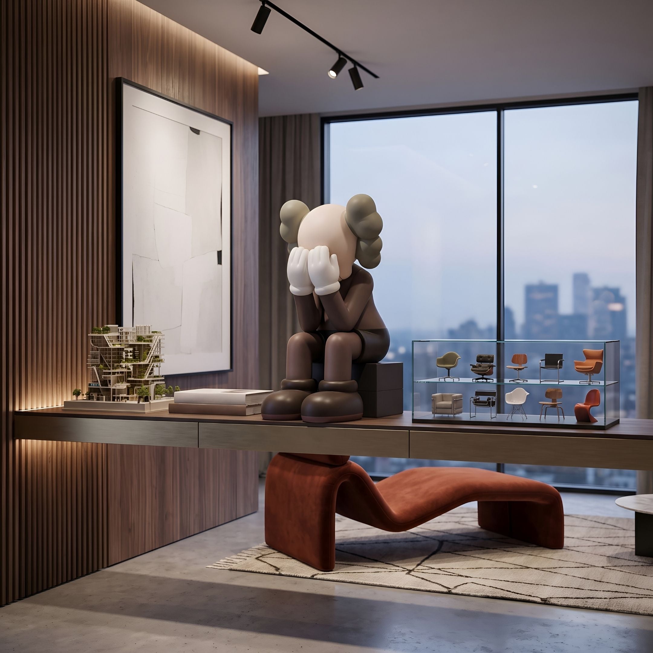 Hazelnut Brown Iconify Melancholy Sitting Figure, 28cm, on a console table in a modern living room with city view and display cabinet of miniature chairs.