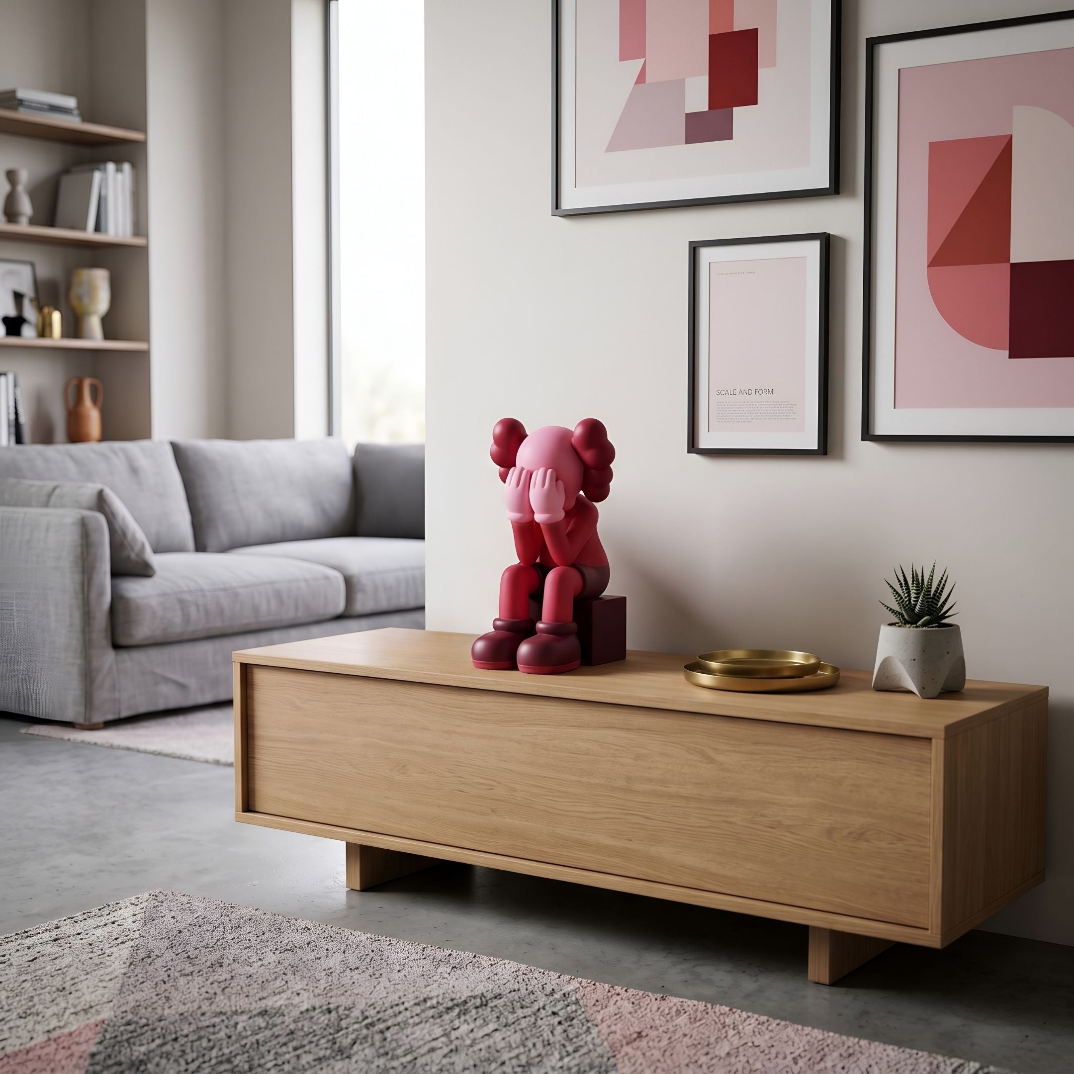 Blush Ruby Iconify Melancholy Sitting Figure, 28cm, on a wooden console table beside a plant and gold tray in a living room with grey sofa and framed pink wall art.