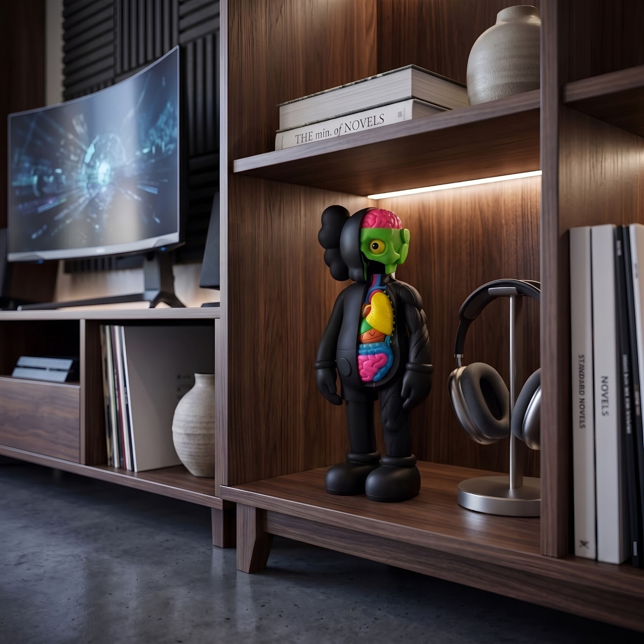 Midnight Black Iconify Anatomy Figure, 28cm, with exposed colorful organs and green skull, displayed on a wooden shelf near books and headphones.