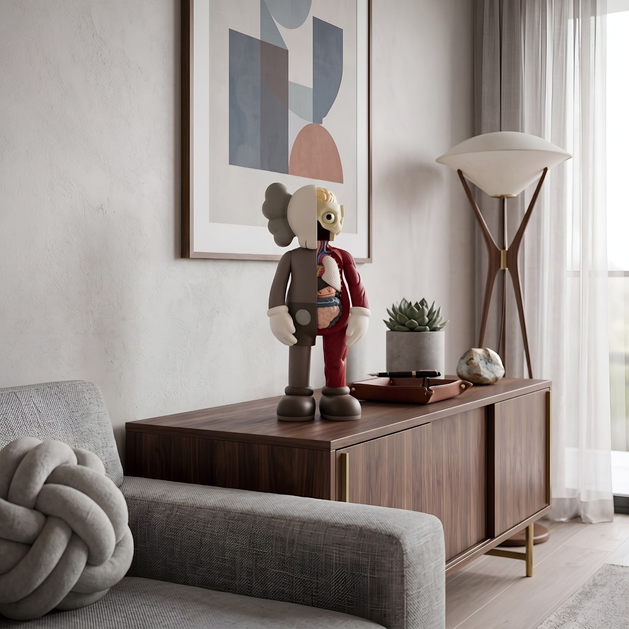 Hazelnut Brown Iconify Anatomy Figure, 28cm, displayed on a walnut sideboard beside a plant and floor lamp in a living room with grey sofa.