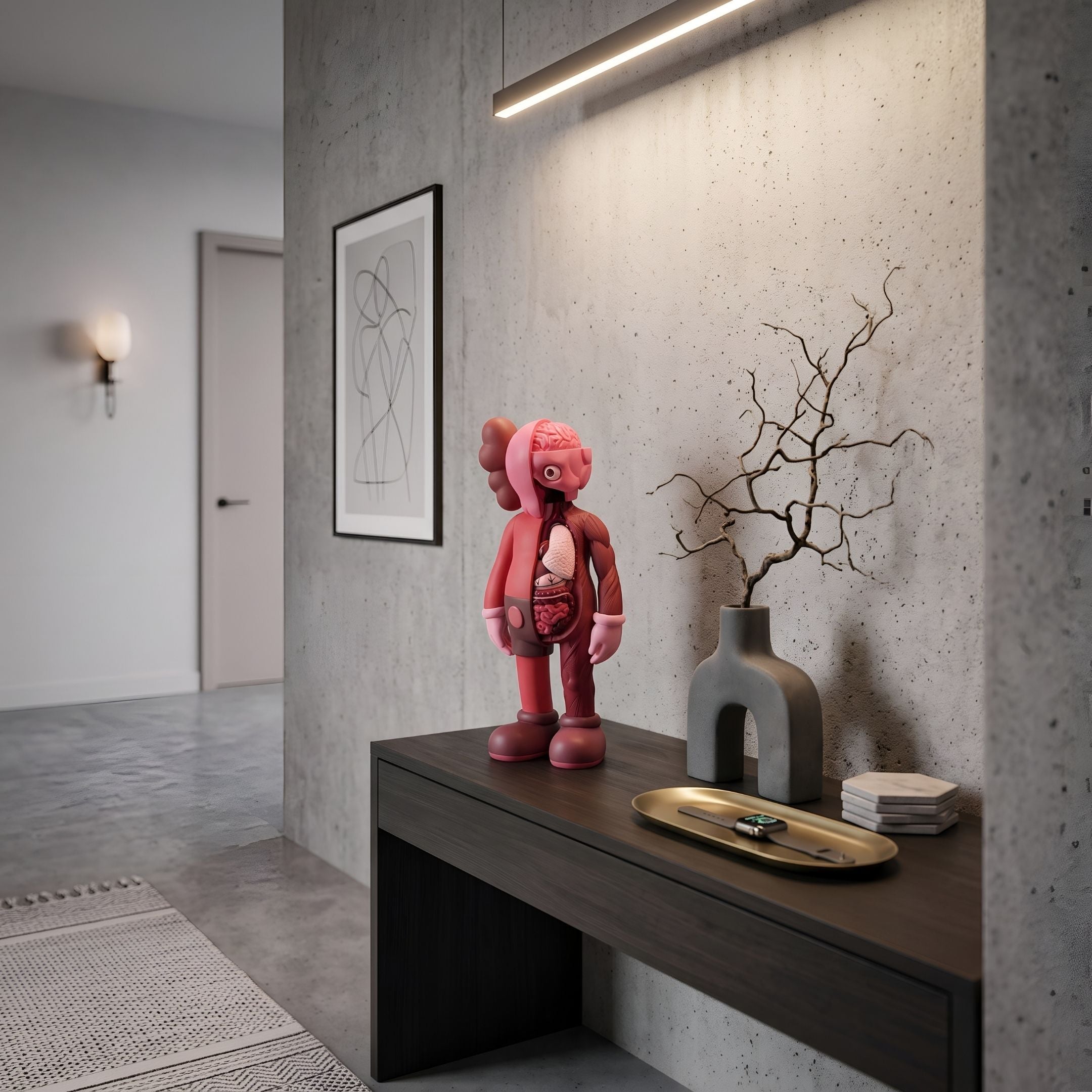 Blush Ruby Iconify Anatomy Figure - 28cm displayed on a dark wood console table with a ceramic vase and branch against a concrete wall.
