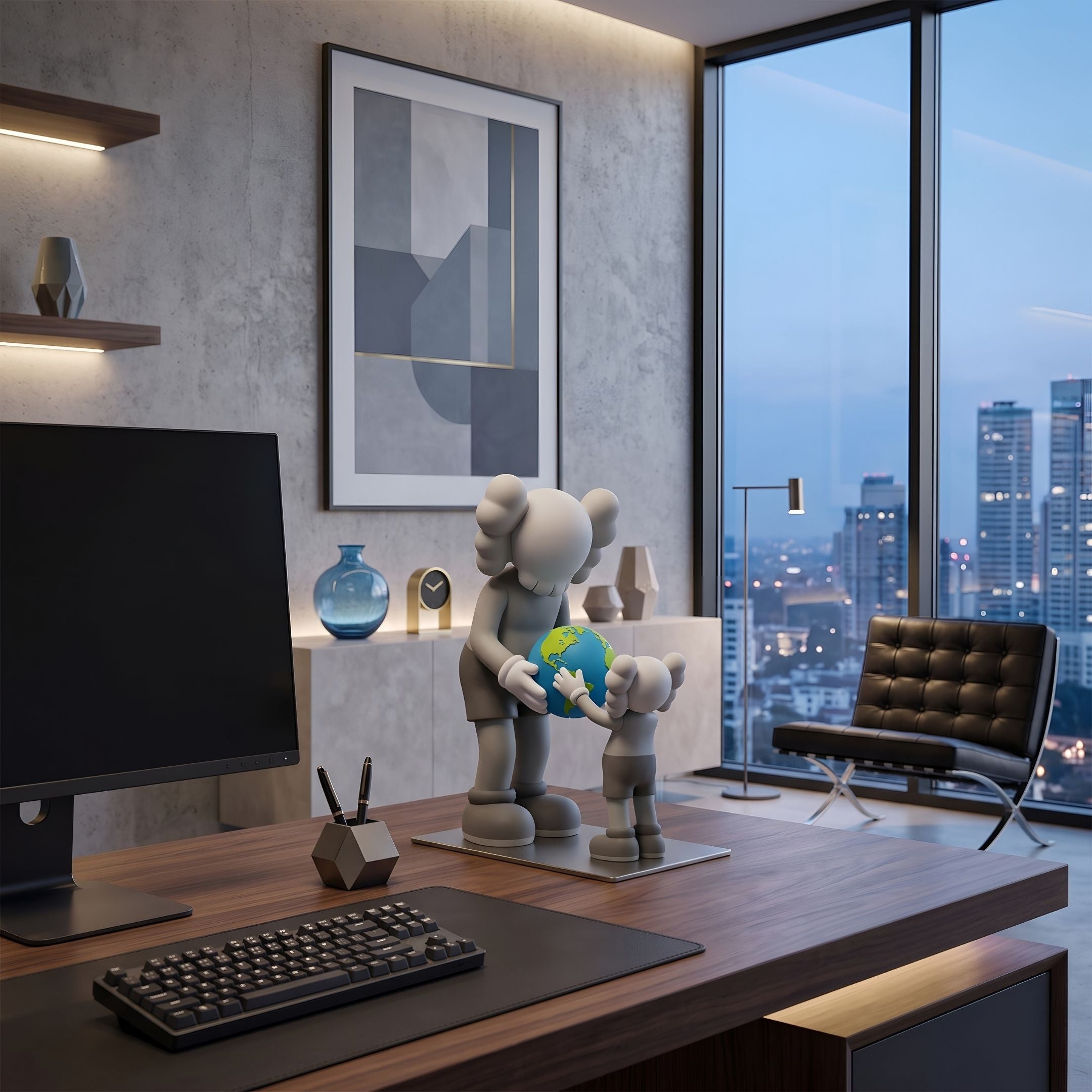 Soft Grey Iconify Atlas Figure - 30cm, two grey Iconify characters holding a blue-green globe on a desk in an office with city-view windows.