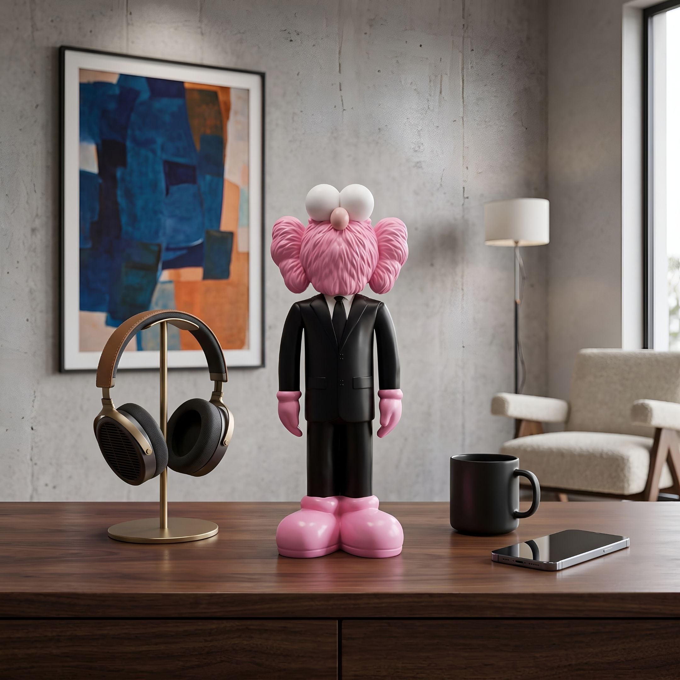 Midnight Black Iconify CEO Figure, 30cm, pink furry-textured character in a black suit, displayed on a wooden desk beside headphones and a lamp.