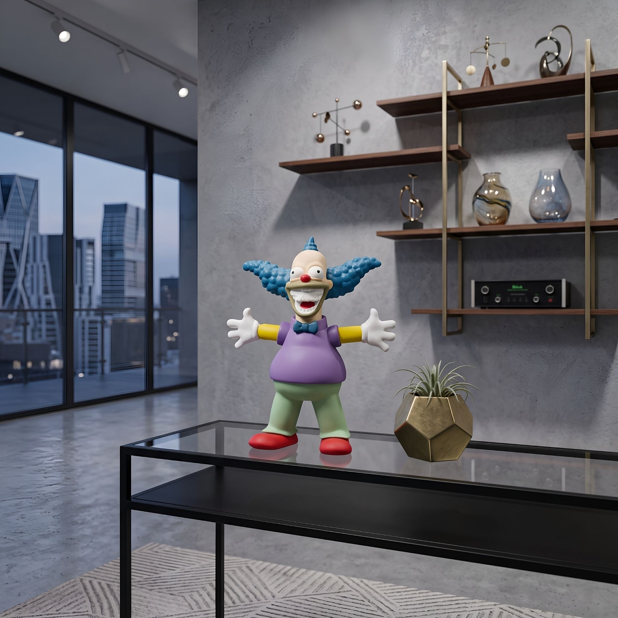 Ash Plum Iconify Chuckle Figure, a 30cm clown sculpture with blue hair and purple shirt, arms raised, displayed on a glass table in a modern living room with shelving.