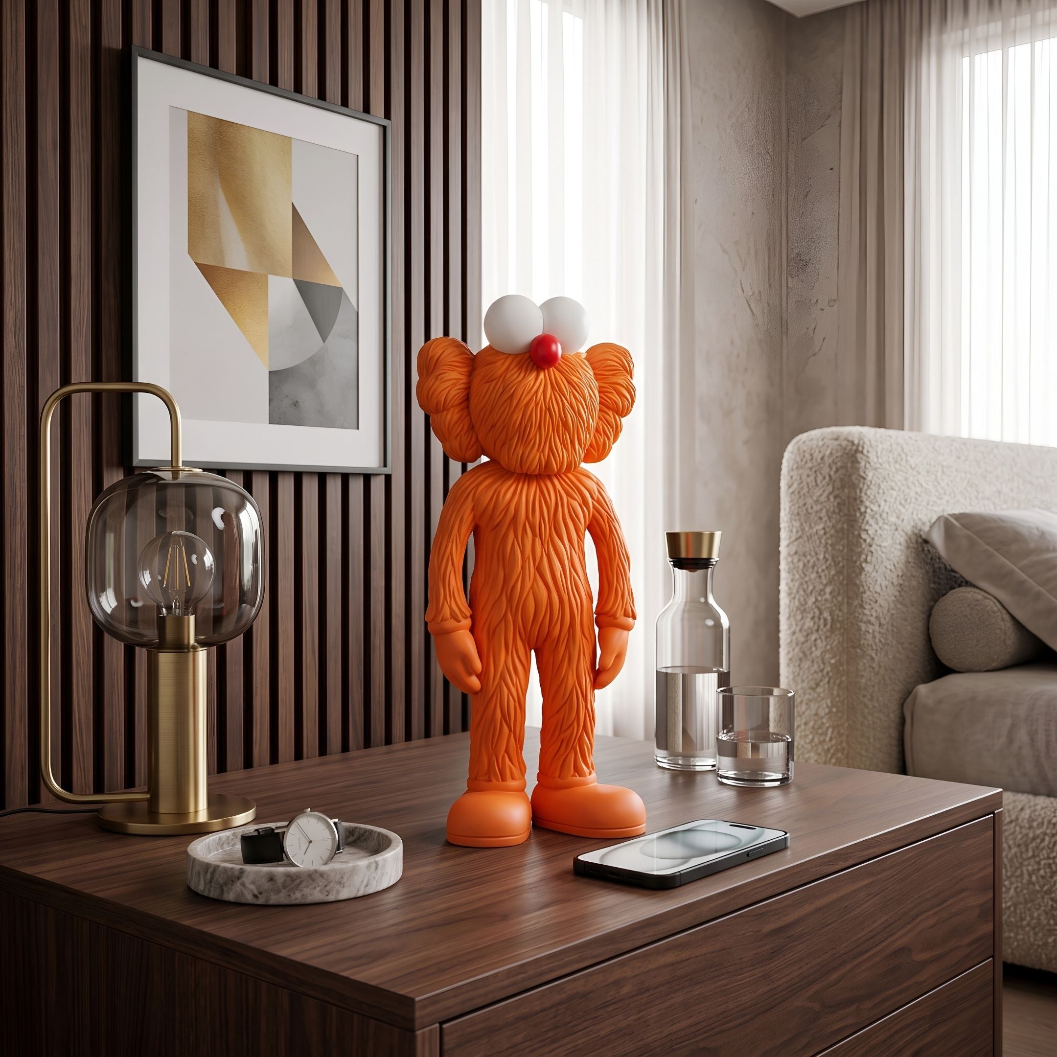 Flame Orange Iconify Furry Figure, 30cm, textured orange collectible with round white eyes, displayed on a wooden dresser beside a lamp and watch.
