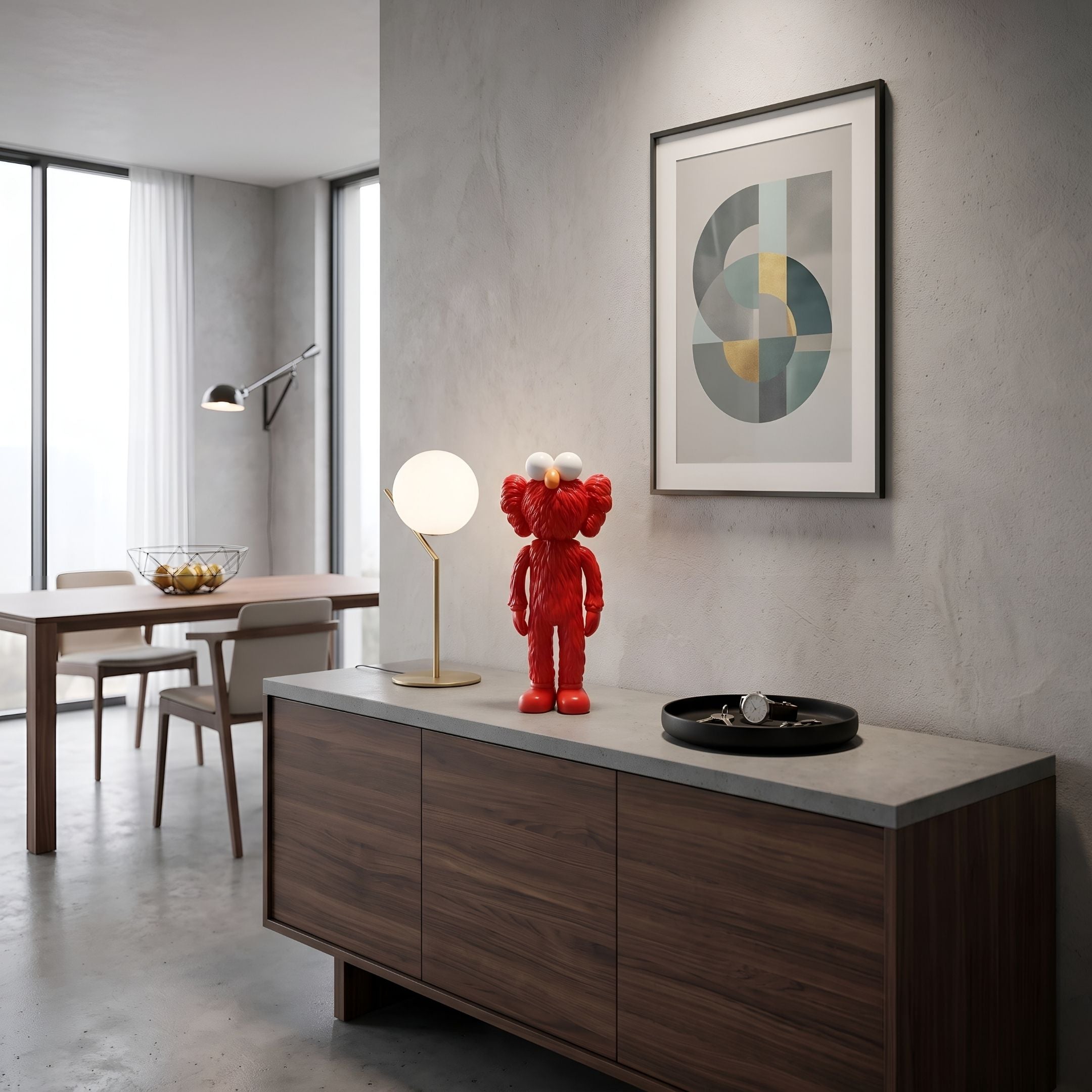 Fiery Red Iconify Furry Figure, 30cm collectible with textured surface and oversized eyes, displayed on a sideboard in a modern dining room.