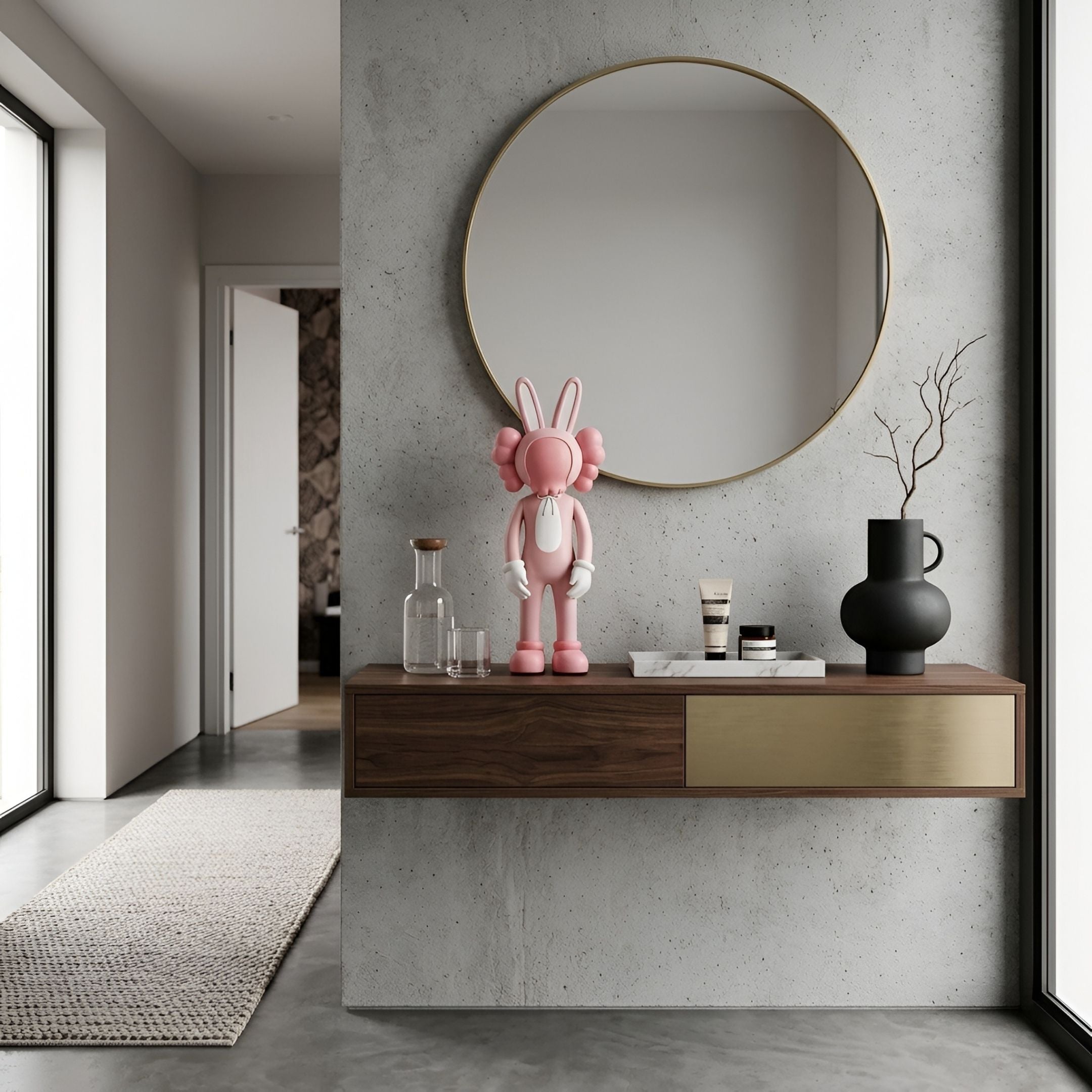 Petal Pink Iconify Rabbit Figure, 30cm, glossy pink collectible on a wooden console table beneath a round mirror in a modern entryway.