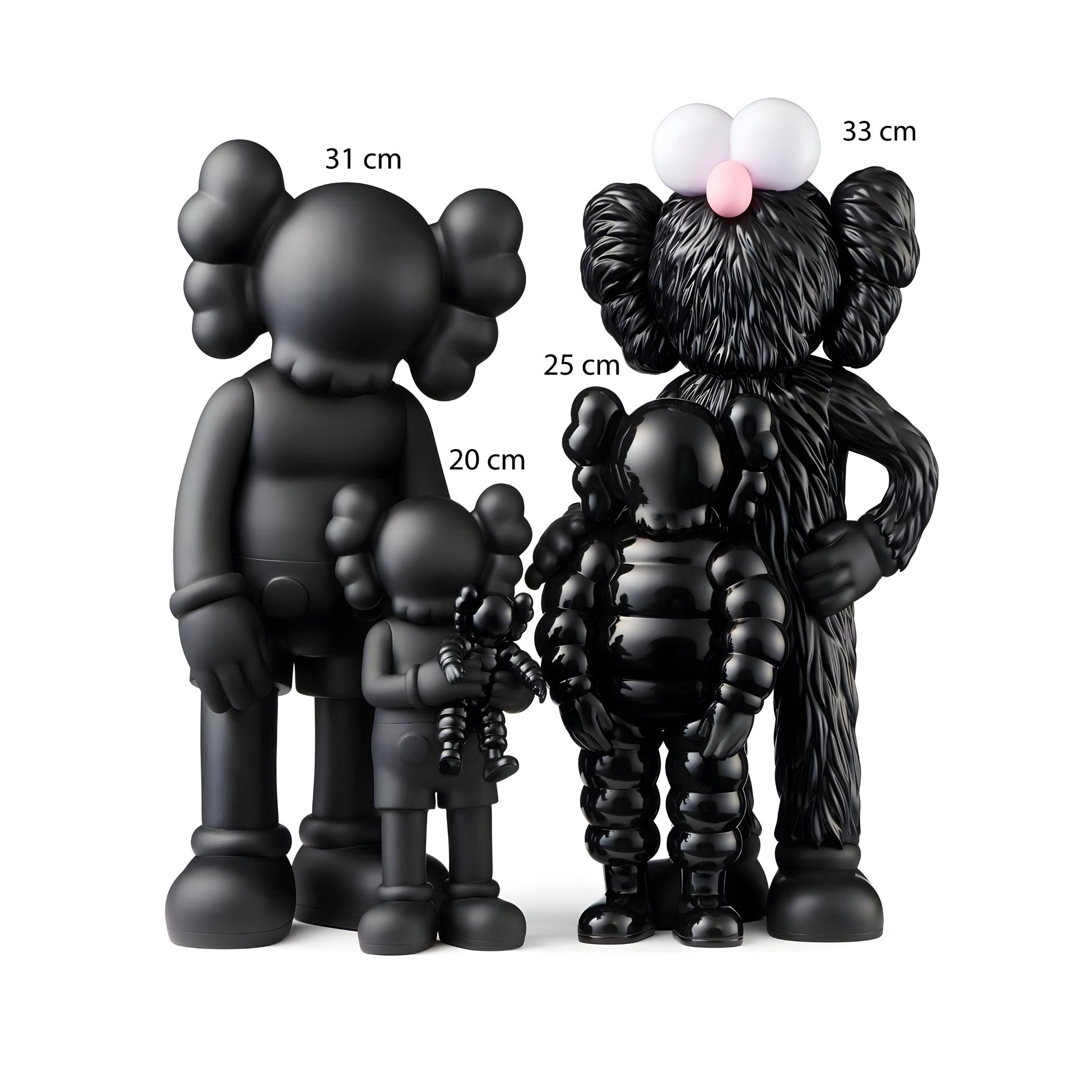 The Iconify I All-Together Figure by Giant Sculptures includes four black KAWS-style figures (33 cm, 31 cm, 25 cm, 20 cm) with round heads, cross-marked eyes, and gloved hands. The tallest has a textured furry surface that highlights the monochrome artistry of this resin sculpture set.