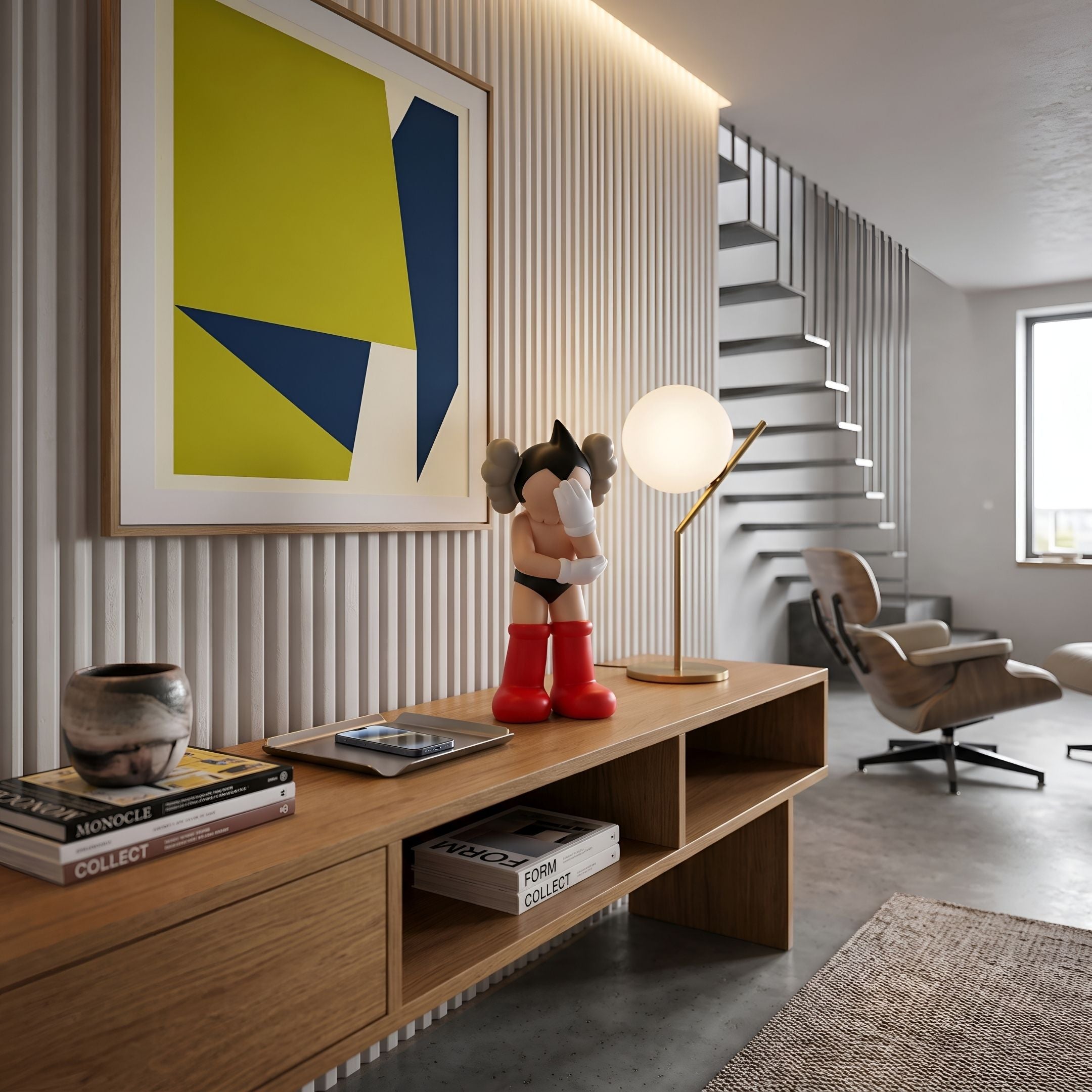 Fiery Red I Iconify Cosmic Boy Figure, 37cm, black outfit with red boots and white gloves, on a wooden console table beneath framed abstract art.