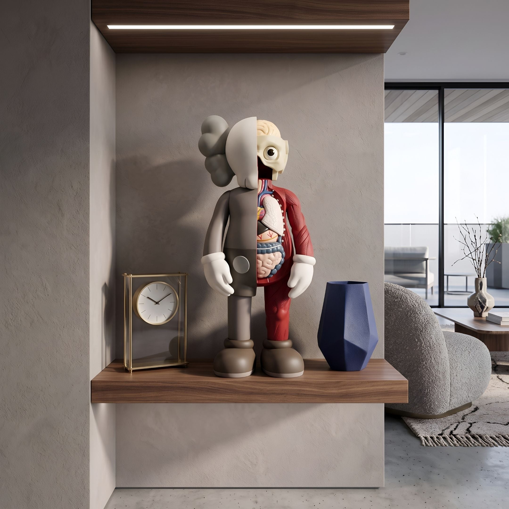 Hazelnut Brown Iconify Anatomy Figure, 37cm, displayed on a wooden shelf beside a brass clock and blue vase in a modern living room.