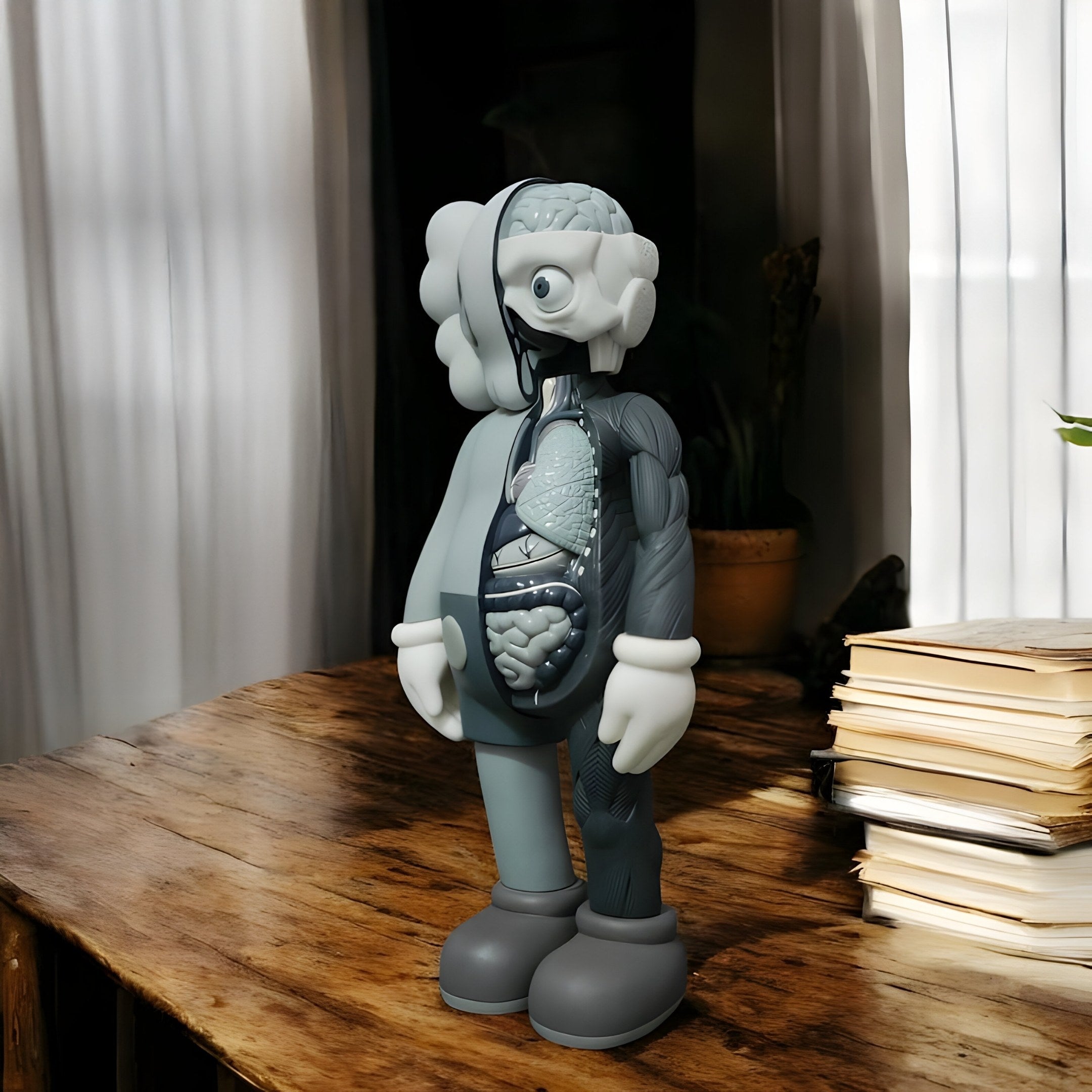 The Slate Grey Iconify Anatomy Figure - 37cm by Giant Sculptures, a stylized half-and-half resin piece, stands on a wooden table with one side as an outer cartoon figure and the other revealing internal anatomy. Its beautifully lit by natural light and surrounded by book stacks and white curtains.