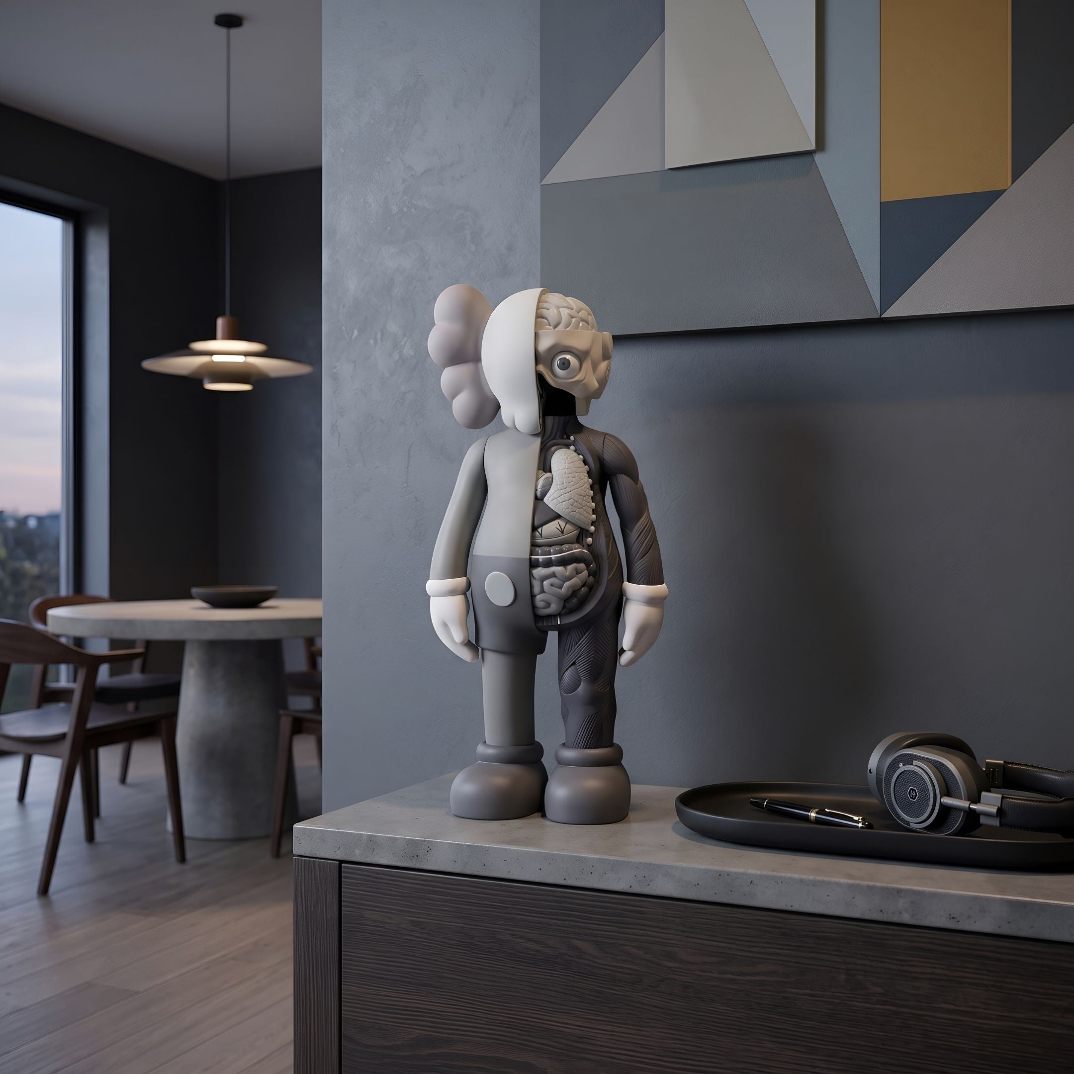 Slate Grey Iconify Anatomy Figure - 37cm, half-solid half-anatomical polyvinyl sculpture displayed on a sideboard in a modern grey-toned living space.