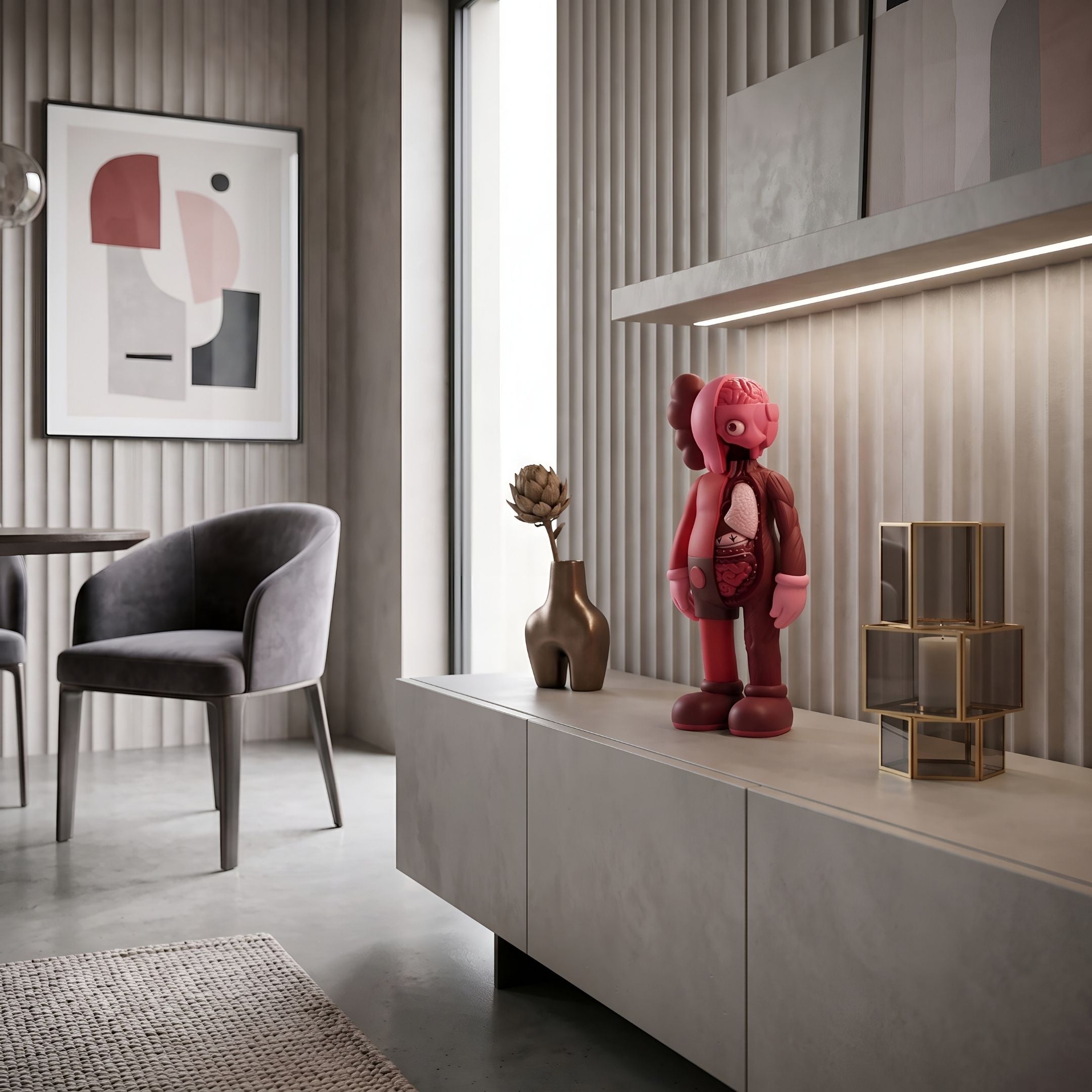 Blush Ruby Iconify Anatomy Figure - 37cm, ruby red and pink anatomical cutaway figure displayed on a sideboard in a modern living room.