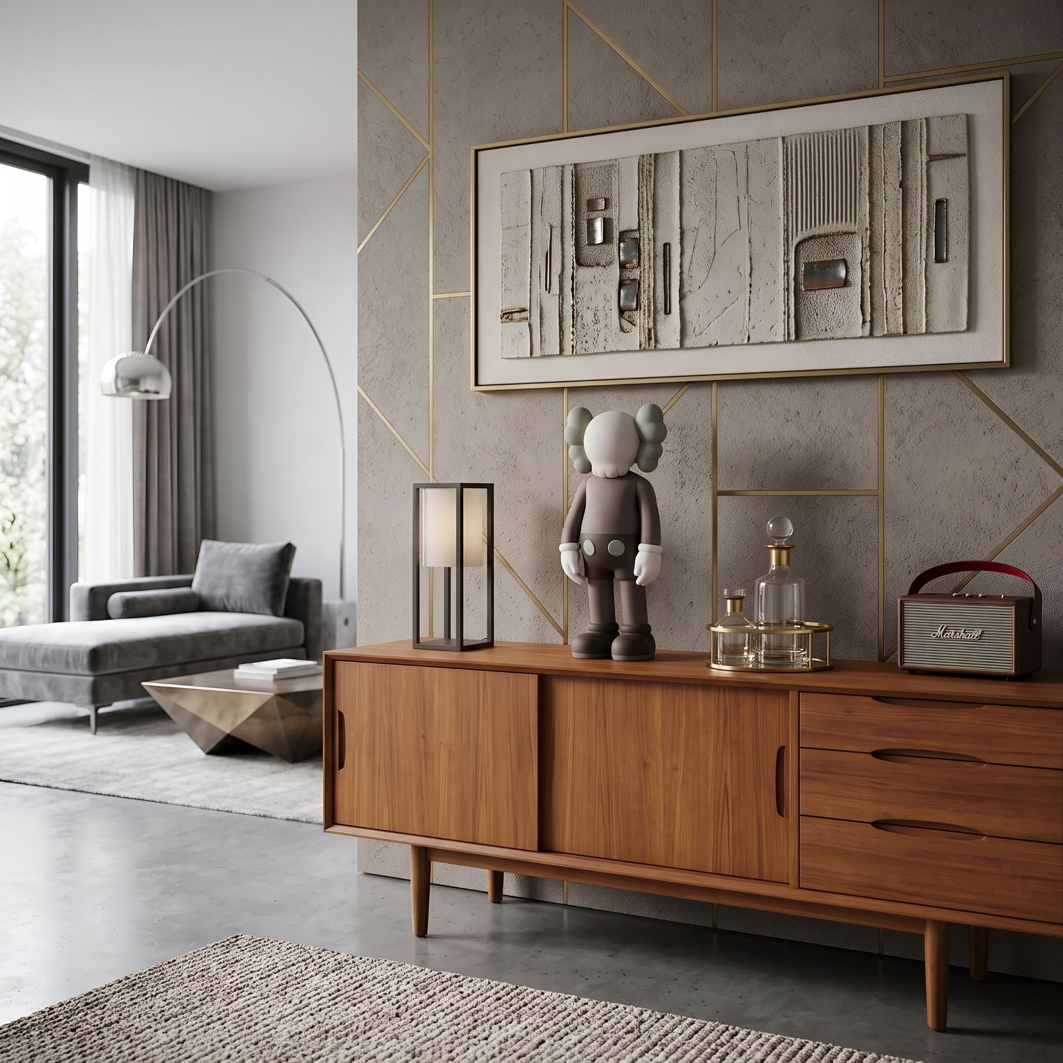 Hazelnut Brown Iconify Standing Figure, 37cm polyvinyl collectible with grey circle-patterned pants, on a wooden sideboard in a modern living room.