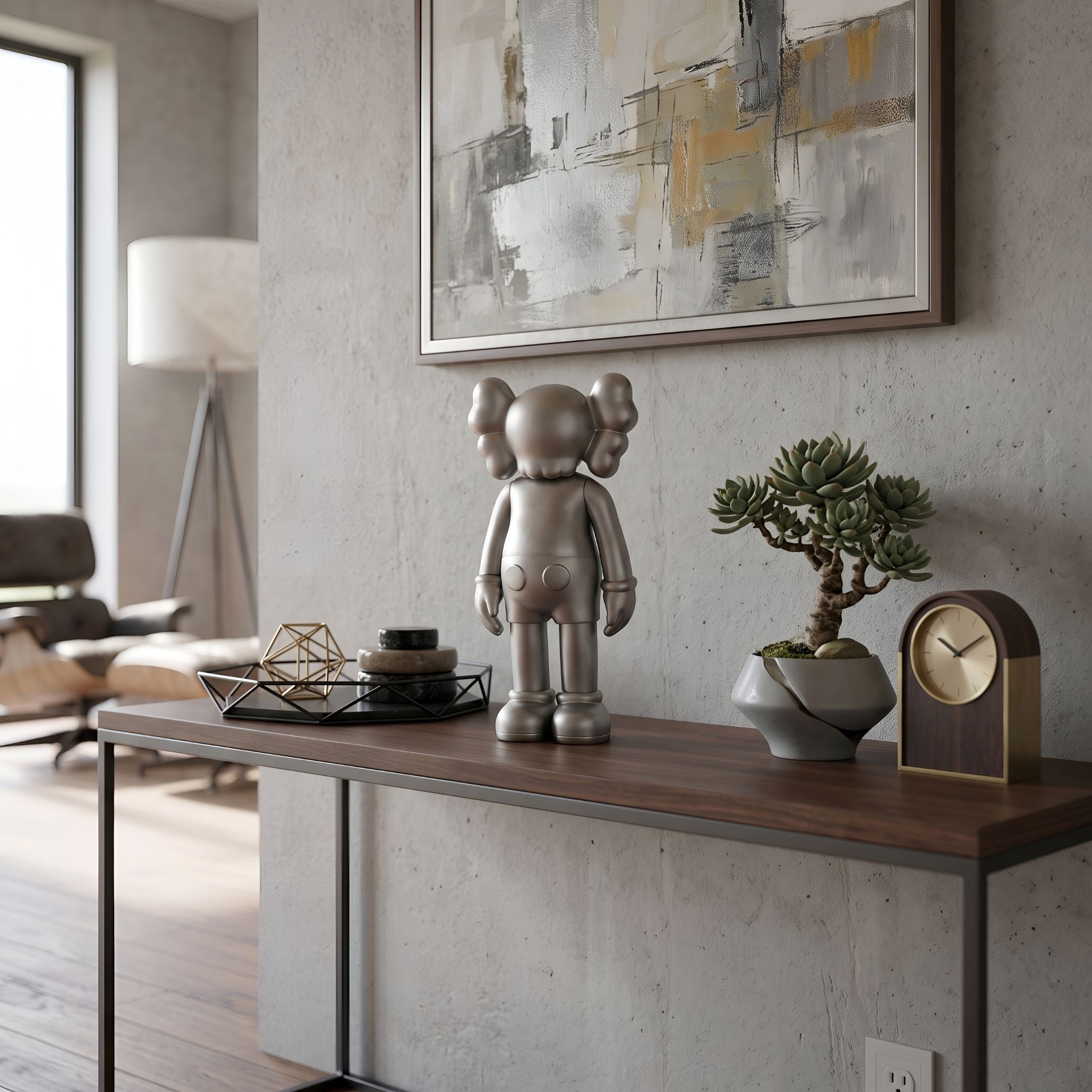Titanium Slate Iconify Standing Figure - 37cm in metallic silver finish on a console table, styled with a bonsai, clock, and abstract wall art.