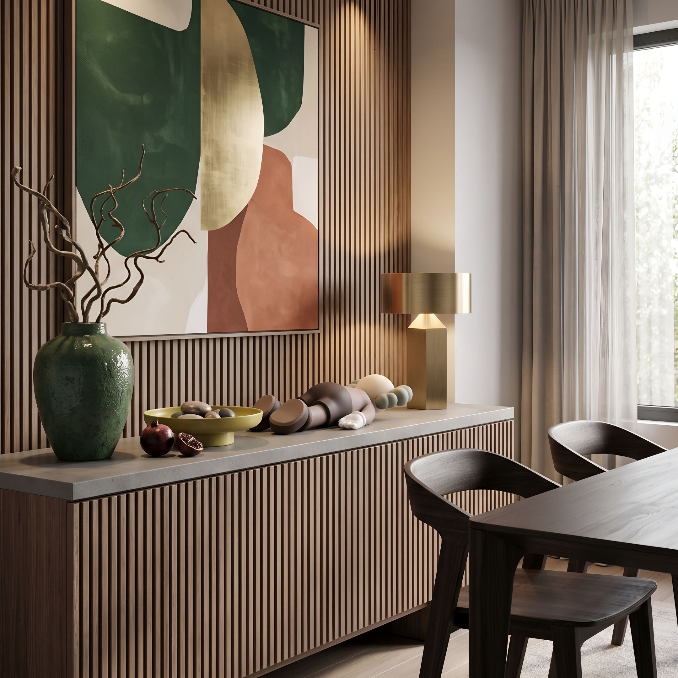 Sideboard vignette with abstract wall art, green vase, and brass table lamp, styled near a dark dining table and chairs.