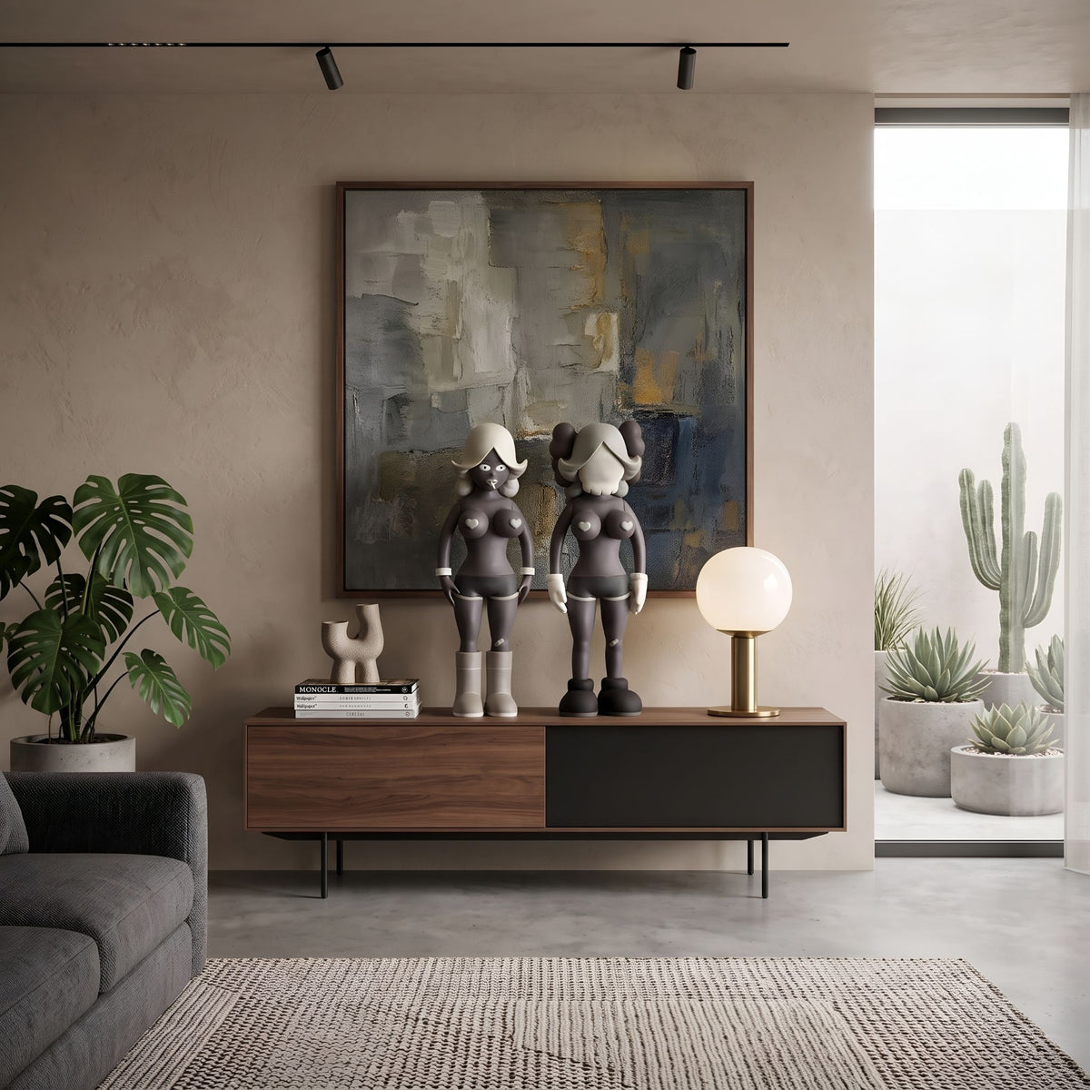 Smoky Umber Gray Iconify Vera Dolls Figure, 40cm, displayed on a walnut sideboard beside books and a globe lamp in a living room setting.