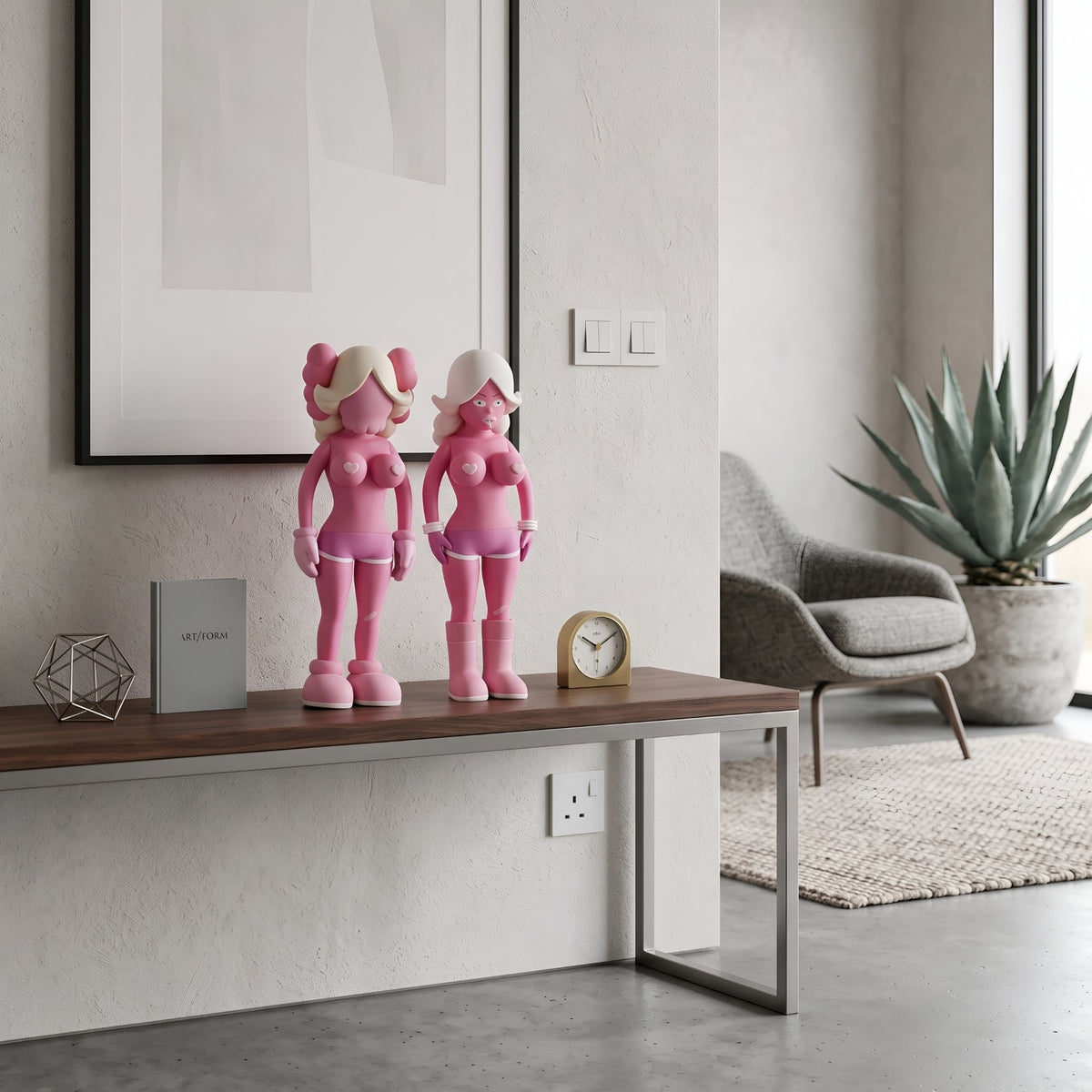Rosewood Blush Iconify Vera Dolls Figure, 40cm, two pink polyvinyl figures with sculpted boots and gloves, displayed on a console table in a living room.