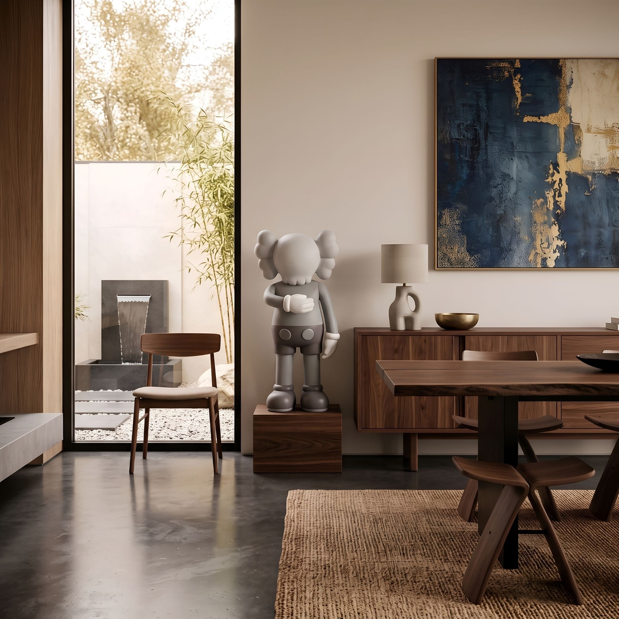 Soft Grey Iconify I Dance Sculpture, 70cm, standing on a wood plinth in a dining area with a walnut table, sideboard, and abstract blue artwork.