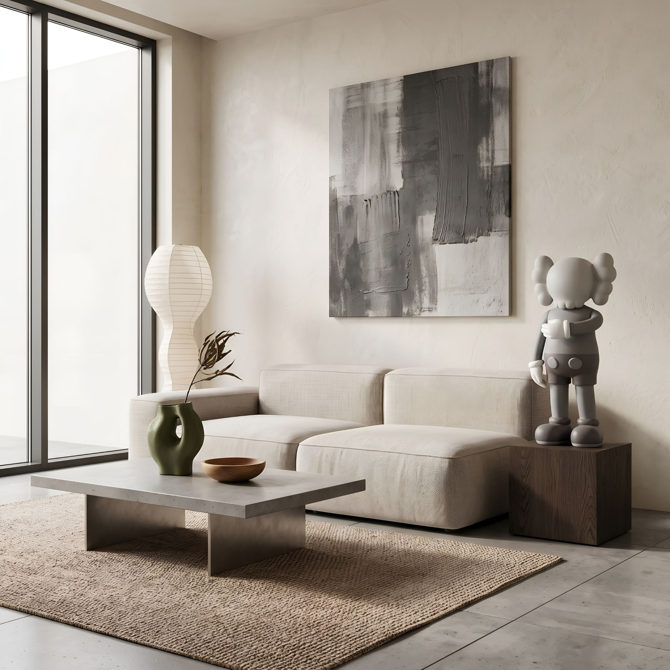 Soft Grey Iconify II Dance Sculpture, 70cm, on a wooden pedestal beside a beige sofa in a neutral-toned living room with abstract wall art.