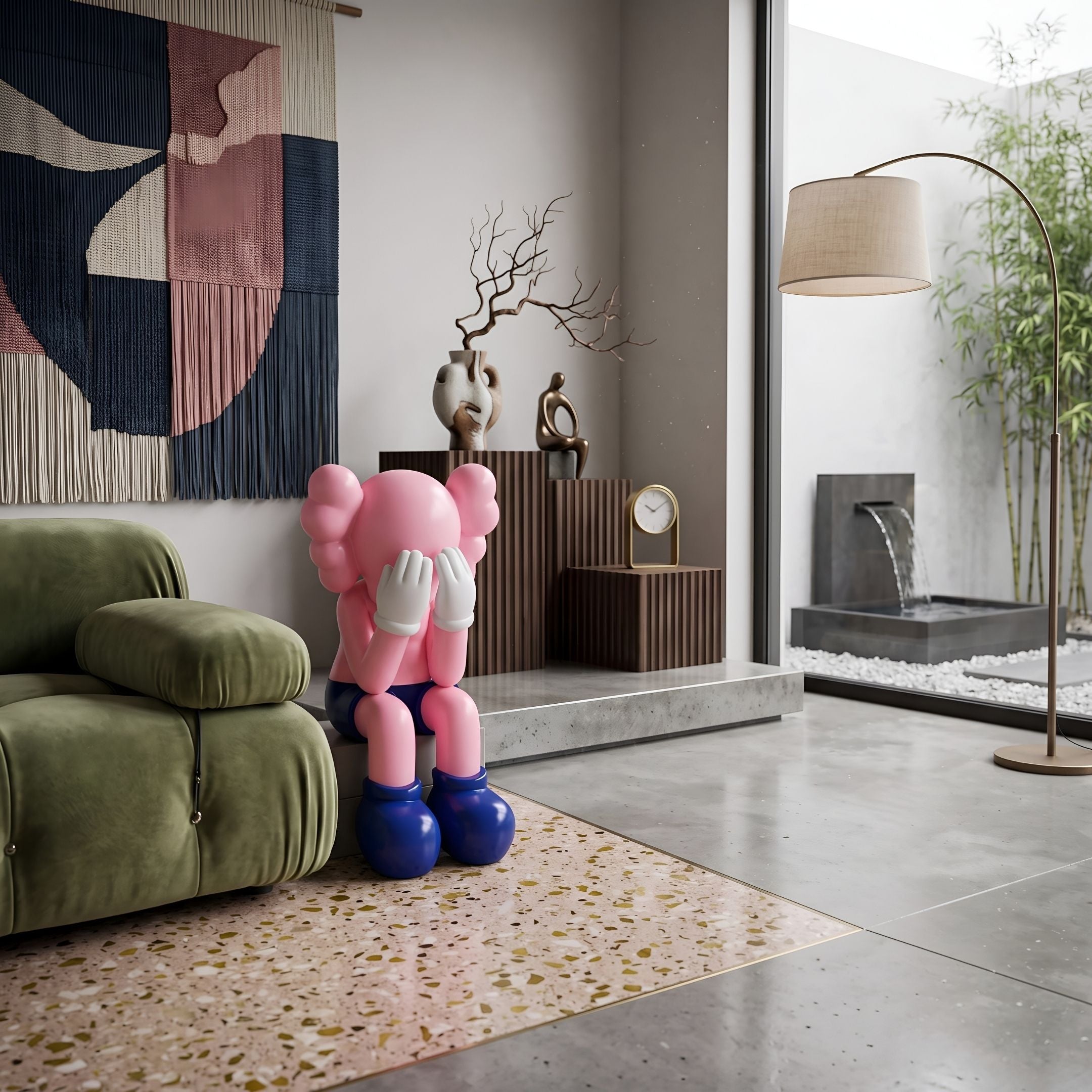 Petal Pink Iconify Melancholy Sitting Sculpture, 70cm, seated with hands covering eyes and blue shorts and shoes, shown in a living room beside a green sofa and patterned rug.