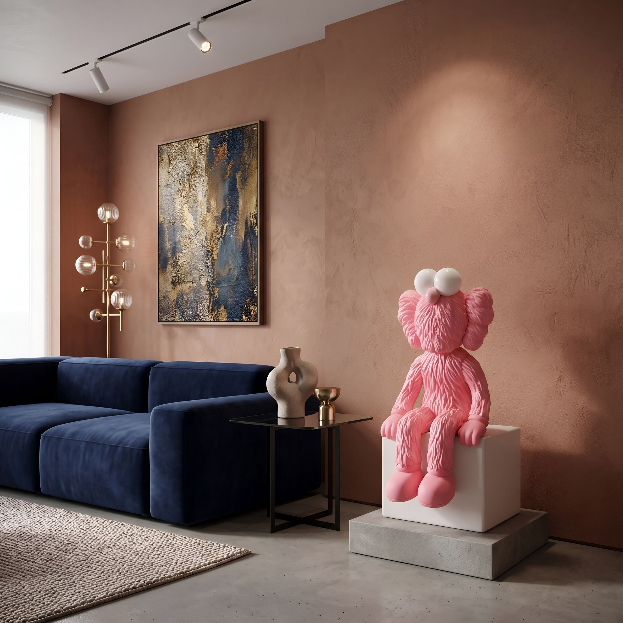 Petal Pink Iconify Furry Sitting Sculpture - 70cm on a white block base, shown in a living room beside a navy sofa and framed wall art.