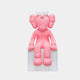 The Giant Sculptures Petal Pink Iconify Furry Sitting Sculpture (70cm) is an abstract pink figure with a fur-like texture, exaggerated ears, a round nose, and bulbous eyes. Perfect for modern interiors, it sits on a white block with limbs hanging down the sides.