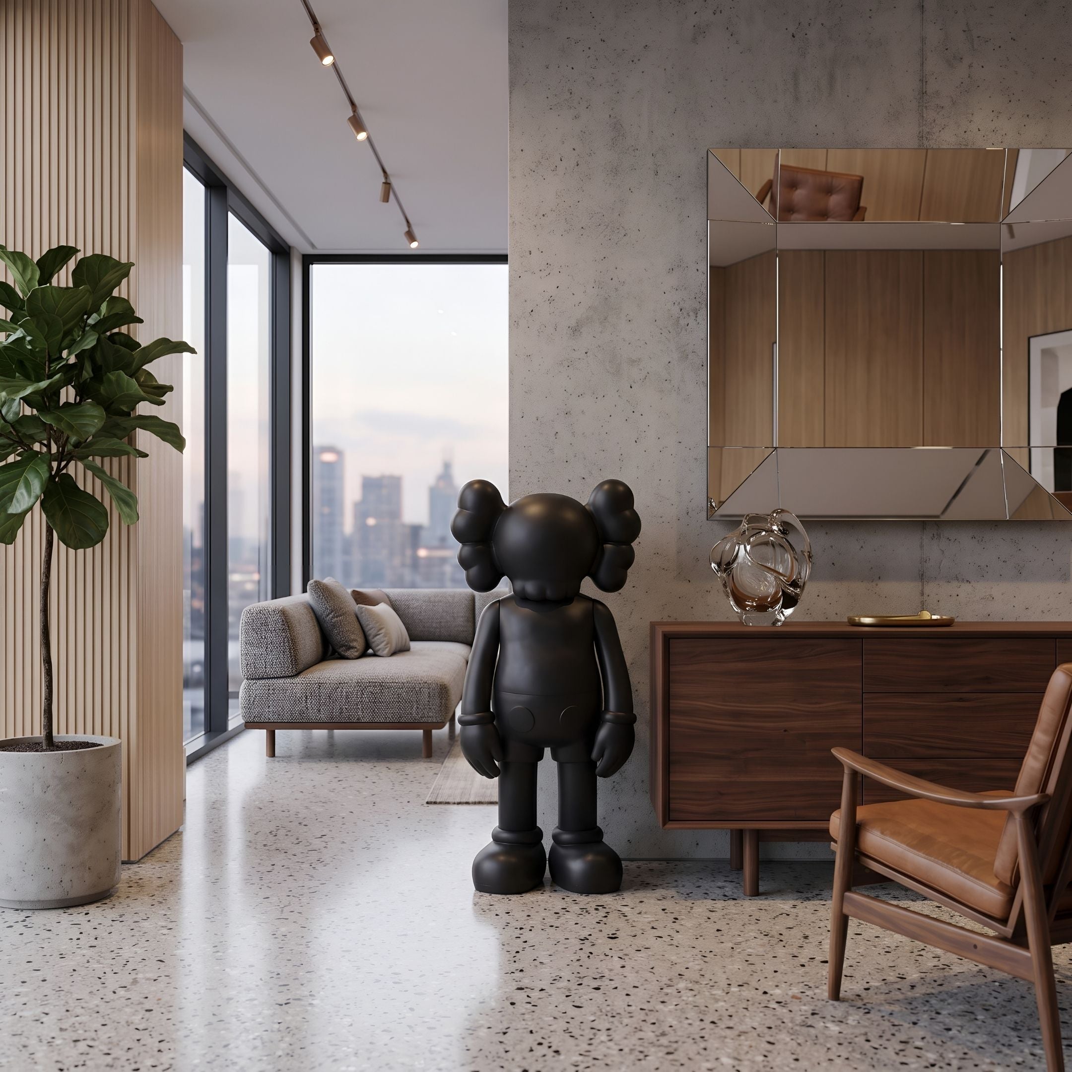 Midnight Black Iconify Standing Sculpture, 70cm resin figure with X eyes, in a living room beside a walnut sideboard, mirror, and leather armchair.