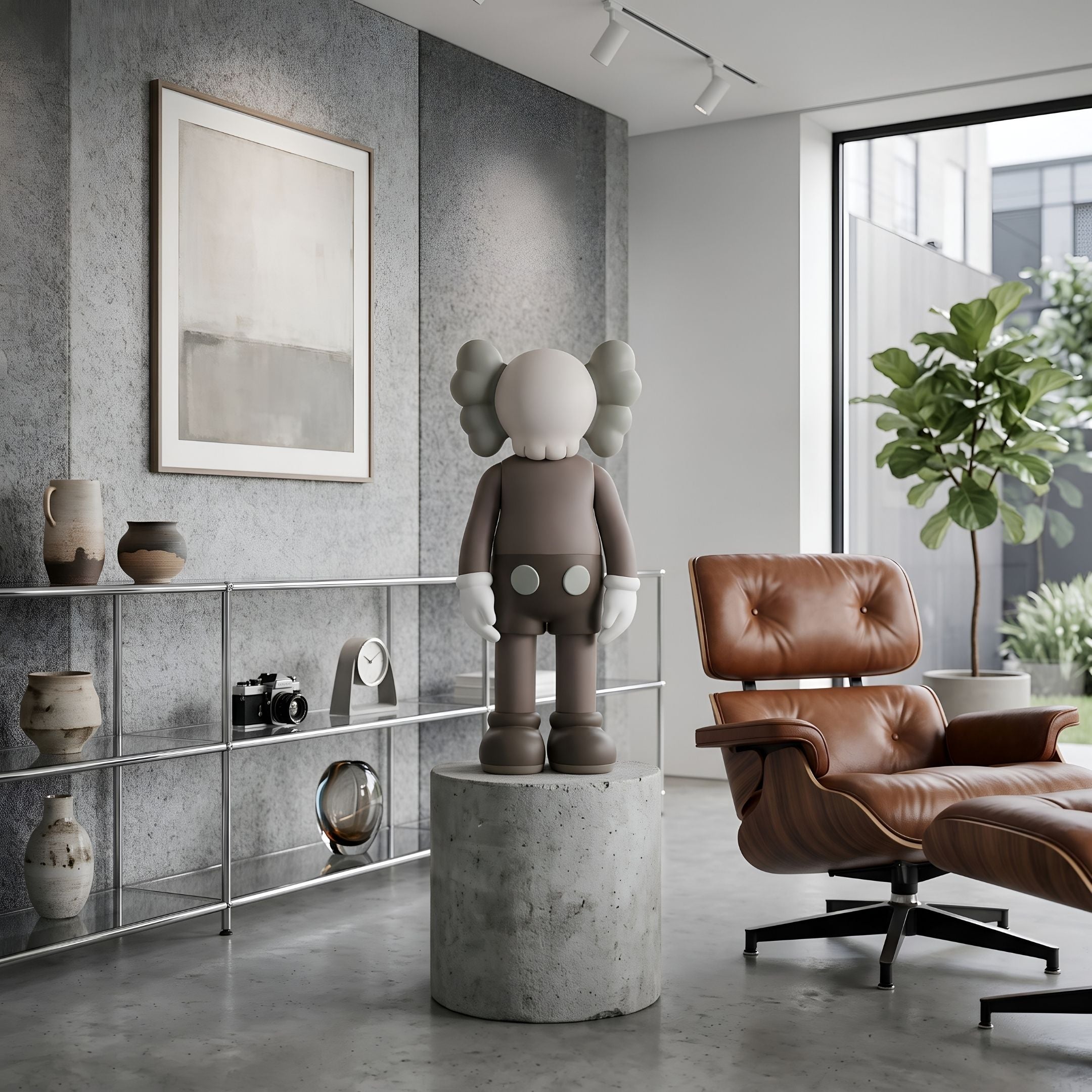 Hazelnut Brown Iconify Standing Sculpture, 70cm resin figure with mint-green ears and shorts, displayed on a concrete pedestal in a modern living room with an Eames lounge chair.