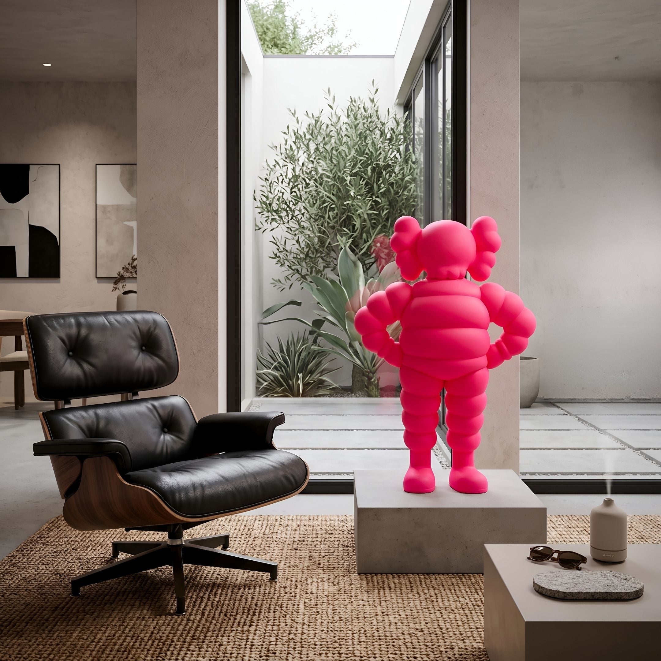 Electric Pink Iconify Rollo Warrior Sculpture, 80cm, resin figure with ears and segmented limbs on a plinth in a living room beside a black leather lounge chair.