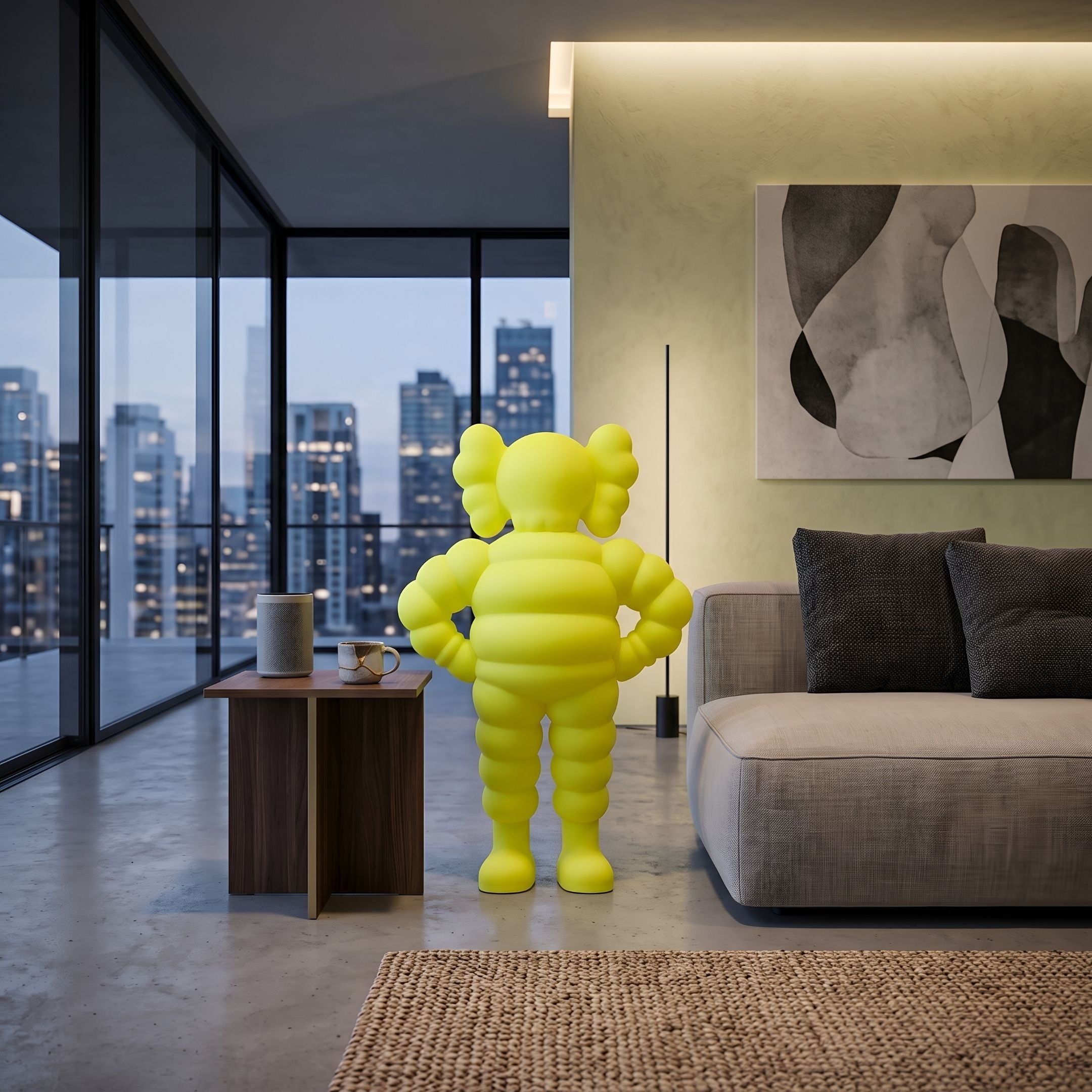 Citrus Yellow Iconify Rollo Warrior Sculpture, 80cm resin figure with hands-on-hips stance, displayed beside a sofa in a modern living room with city view.