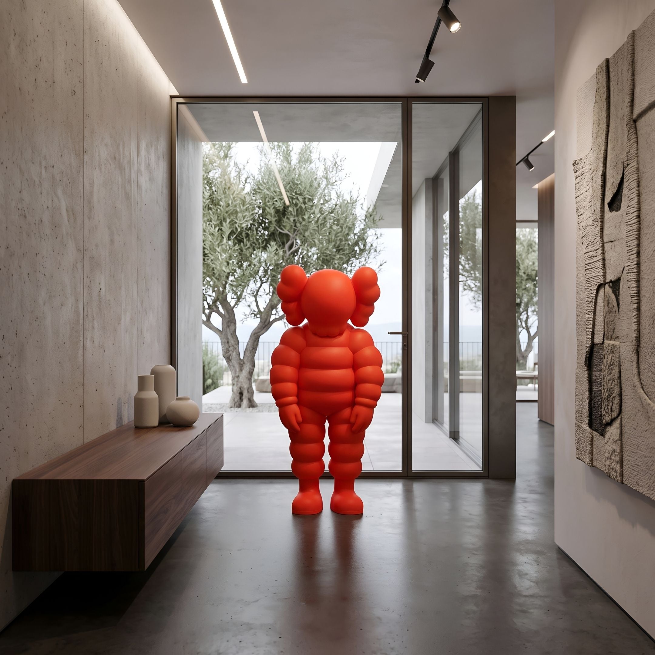 Fiery Orange Iconify Rollo Sculpture, 80cm, standing in a modern hallway near a wood console and glass doors overlooking olive trees.