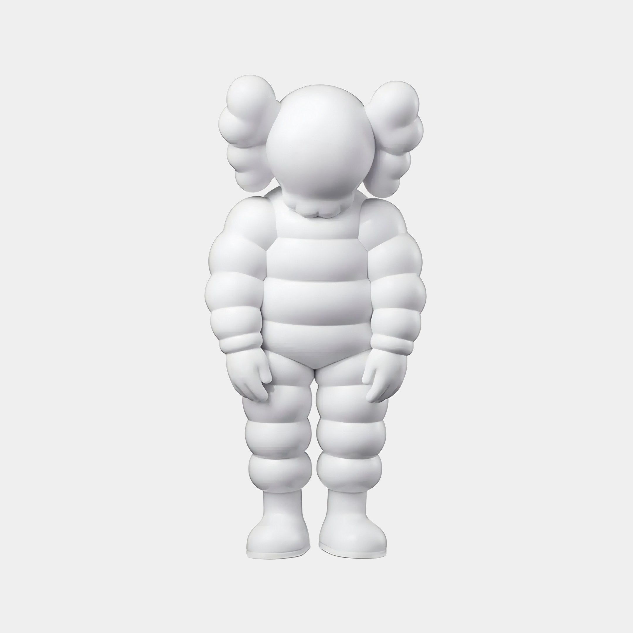 The Cloud White Iconify Rollo Sculpture by Giant Sculptures is an 80cm digitally rendered figure featuring rounded, padded segments resembling a plush toy. Made from high-quality resin, it stands against a plain white background with crossed eyes and puffy ears, representing modern minimalism.