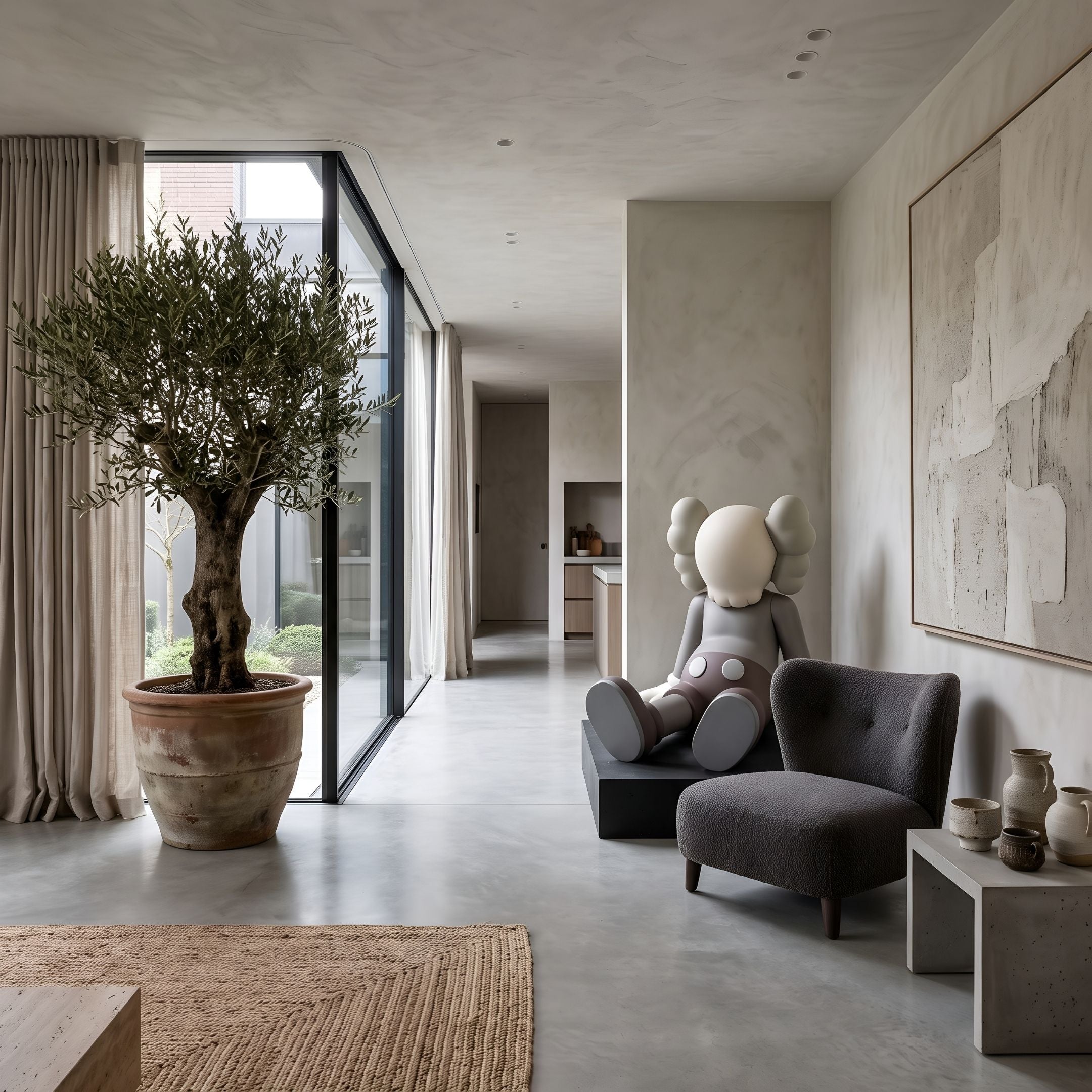 Warm Graphite Iconify Daydream Sculpture, 85cm, seated figure with round ears and white gloves on a black platform in a living room beside a dark armchair and olive tree.