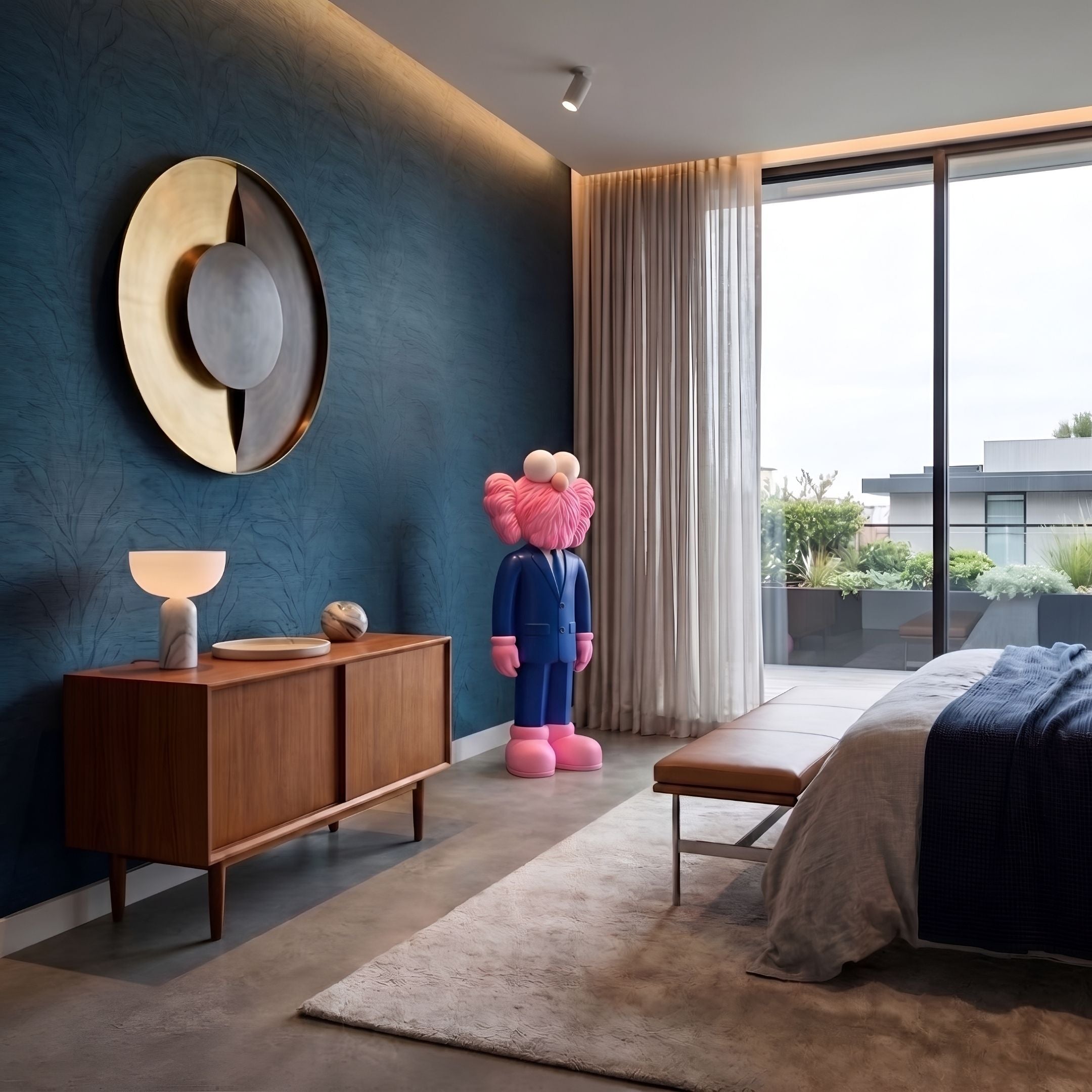 Cobalt Blue Suit Iconify CEO Sculpture, 90cm resin figure in pink furred body and blue suit, displayed beside a dresser in a blue-walled bedroom.