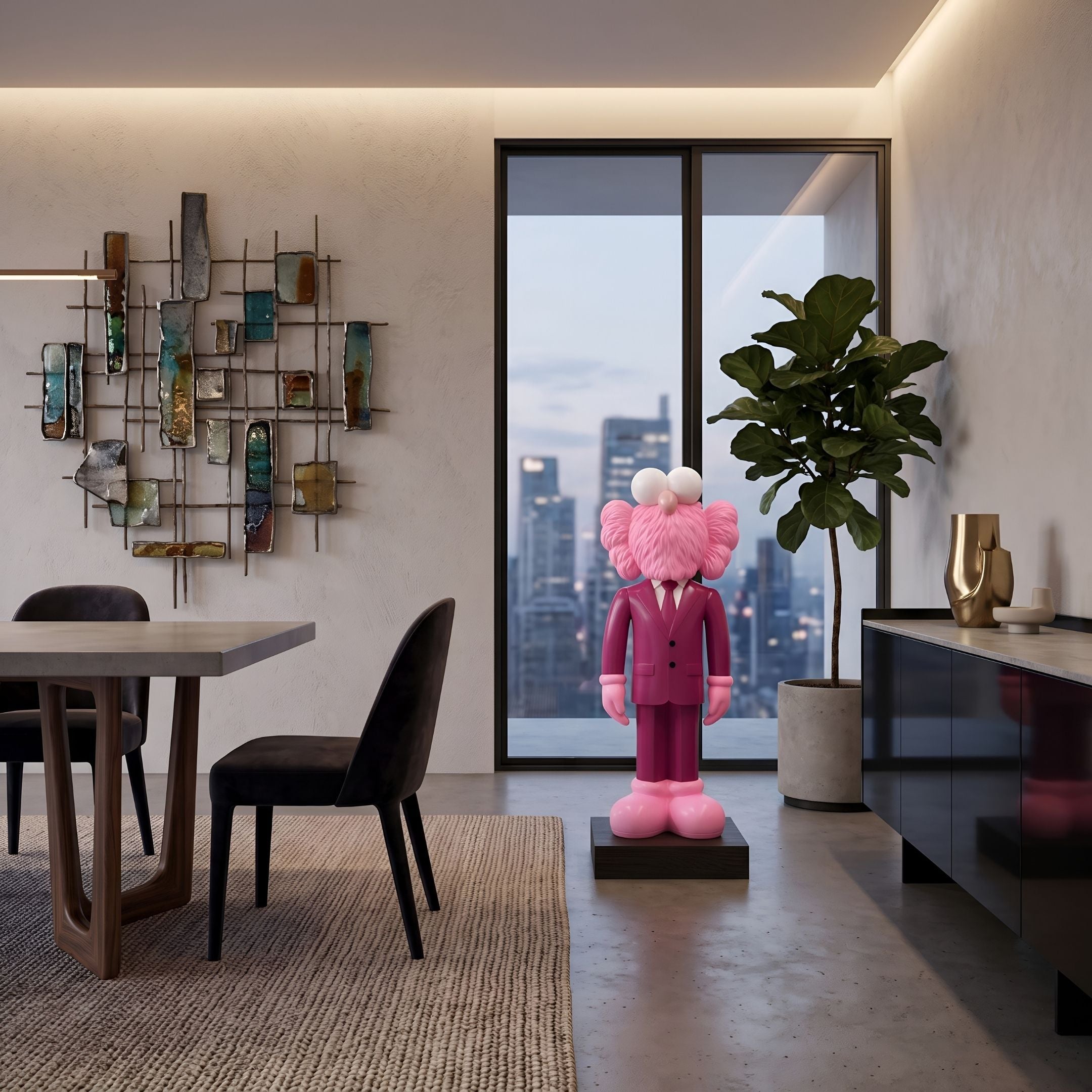 Deep Magenta Suit Iconify CEO Sculpture, 90cm, on a black pedestal in a dining room with wall art, plant, and city-view window.