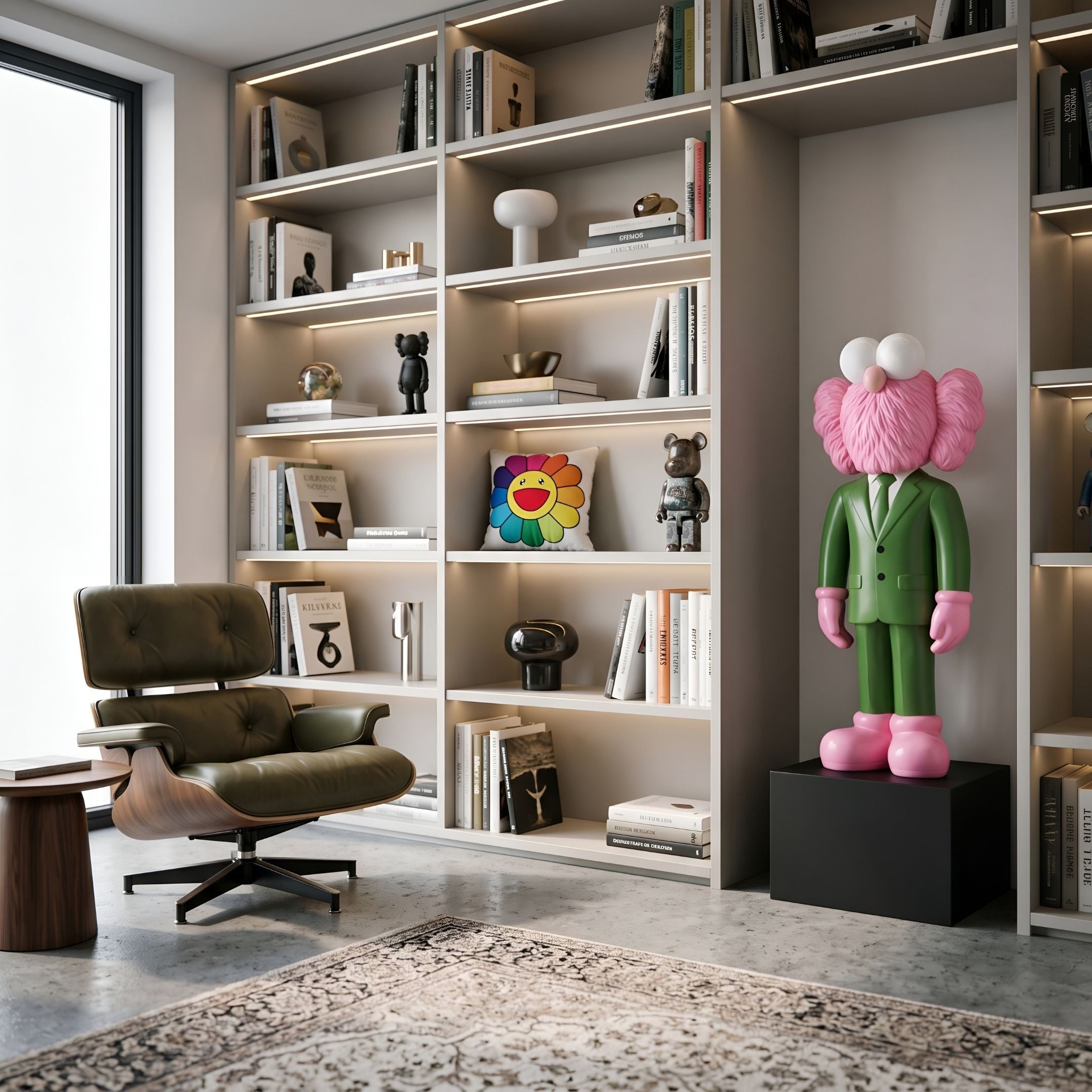 Forest Green Suit Iconify CEO Sculpture, 90cm, with pink fluffy head and pink shoes, displayed on a black plinth beside a bookshelf and green lounge chair.