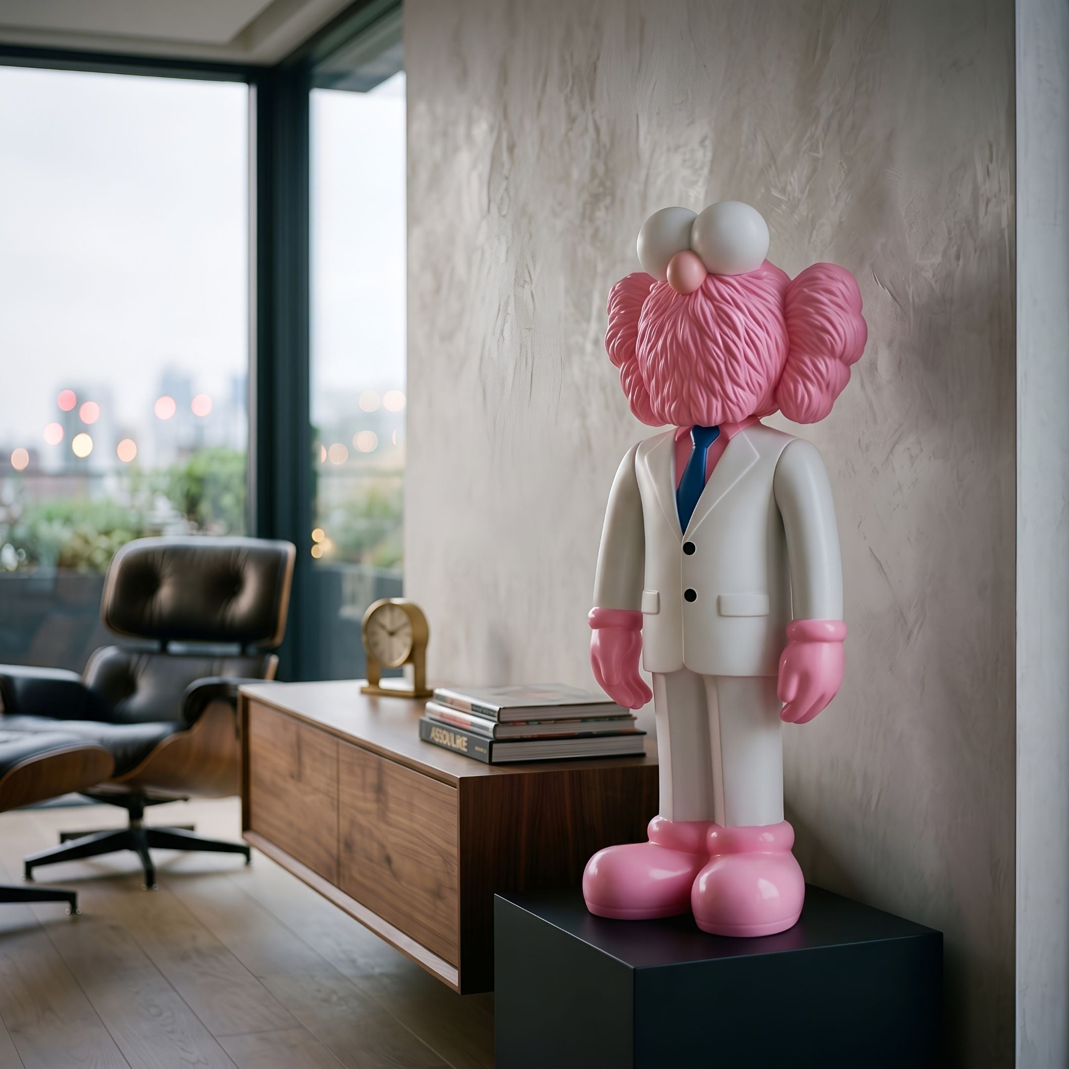 White Suit Iconify CEO Sculpture, 90cm, pink furry-textured figure in white tailored suit, on black pedestal in a living room with wood credenza.