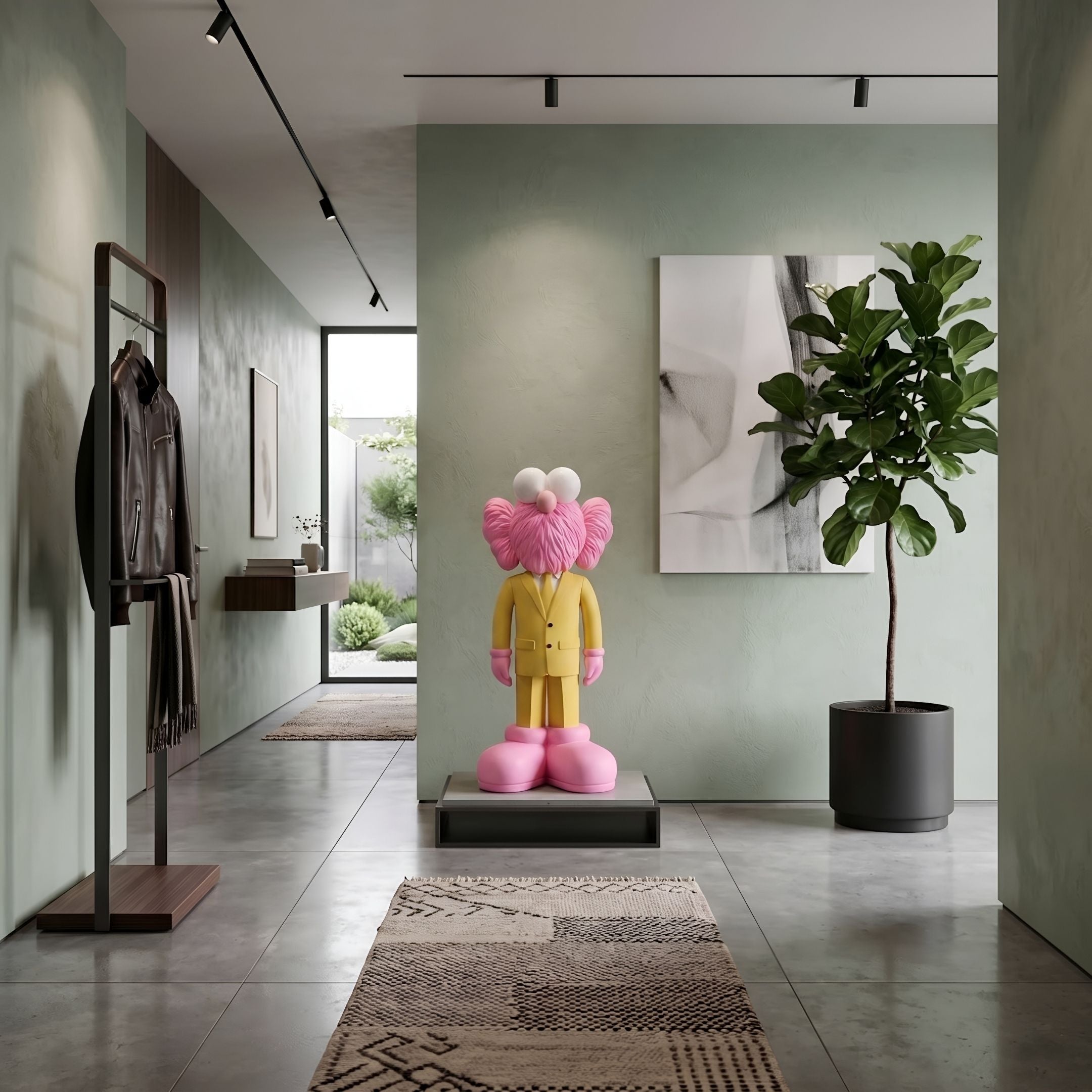 Sunbeam Yellow Suit Iconify CEO Sculpture, 90cm resin figure with pink furry face and hands, on a platform in a green-walled entryway with plant and art.