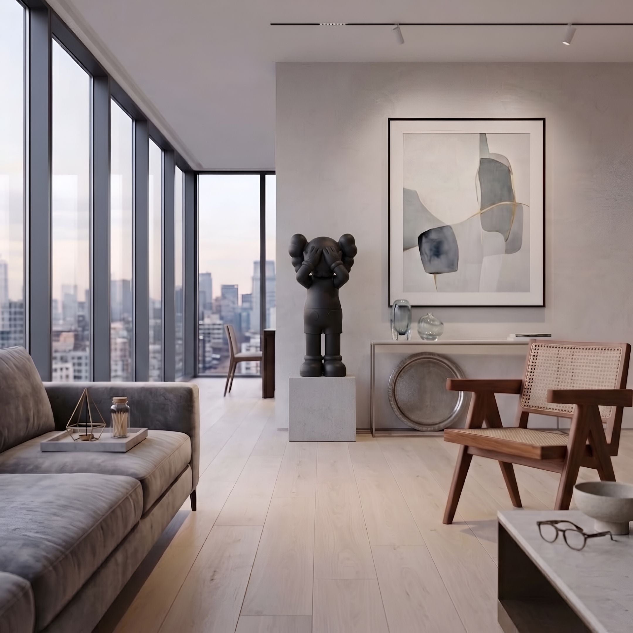 Obsidian Black Iconify Silent Cry Sculpture, 91cm, resin figure with hands covering eyes on a plinth in a living room beside a framed abstract print.